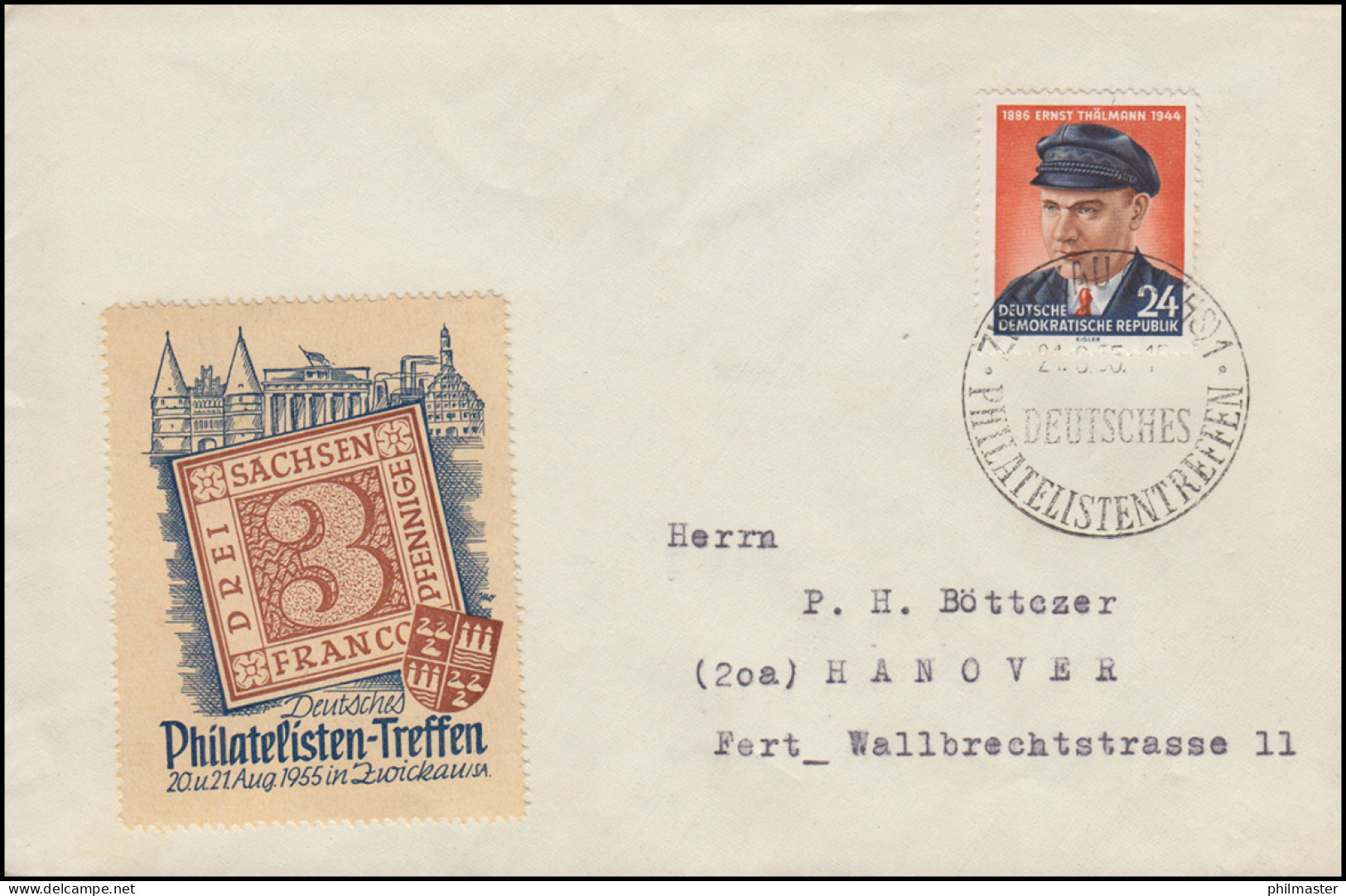 432 Thälmann Als EF Brief SSt ZWICKAU Philatelistentreffen 21.8.55 Nach Hannover - Briefmarkenausstellungen