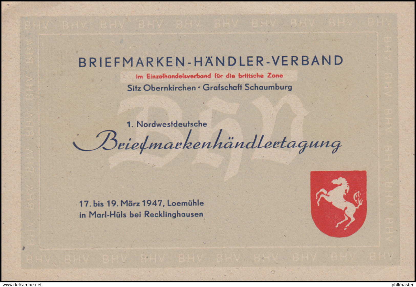 Sonder-Postkarte MARL 1. Nordwestdeutsche Briefmarkenhändlertagung 18.-19.3.1947 - Briefmarkenausstellungen