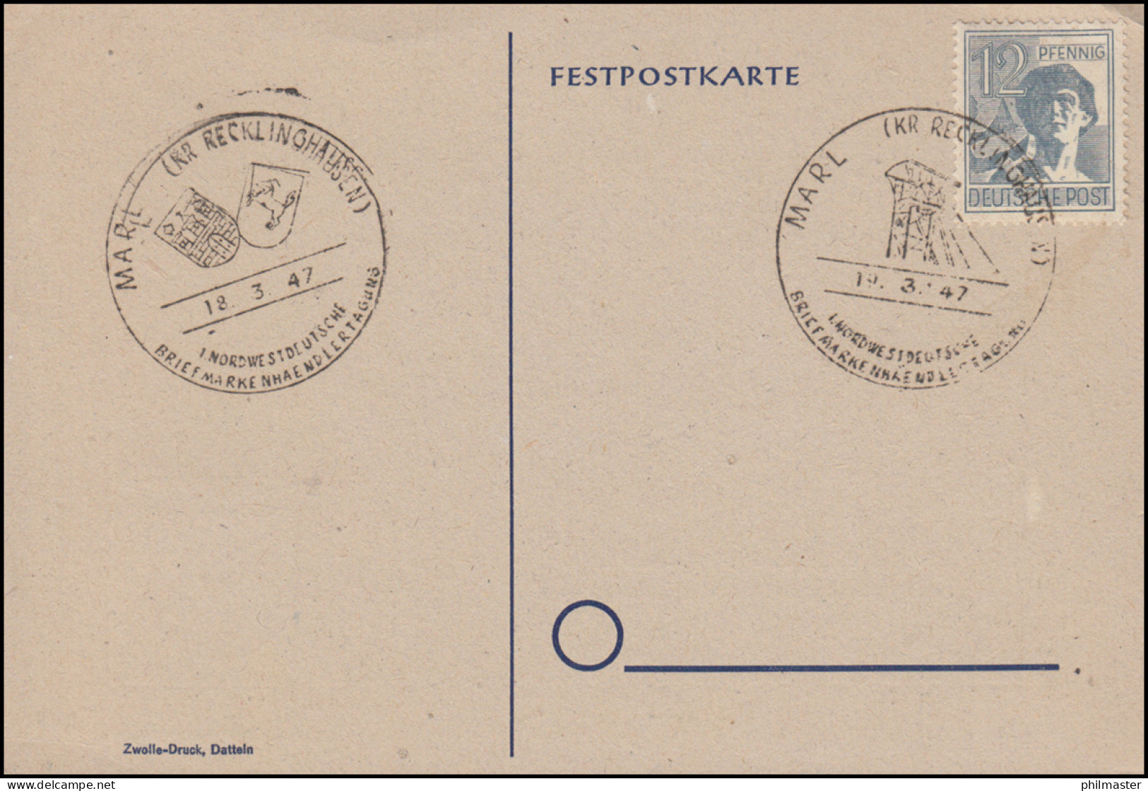 Sonder-Postkarte MARL 1. Nordwestdeutsche Briefmarkenhändlertagung 18.-19.3.1947 - Expositions Philatéliques