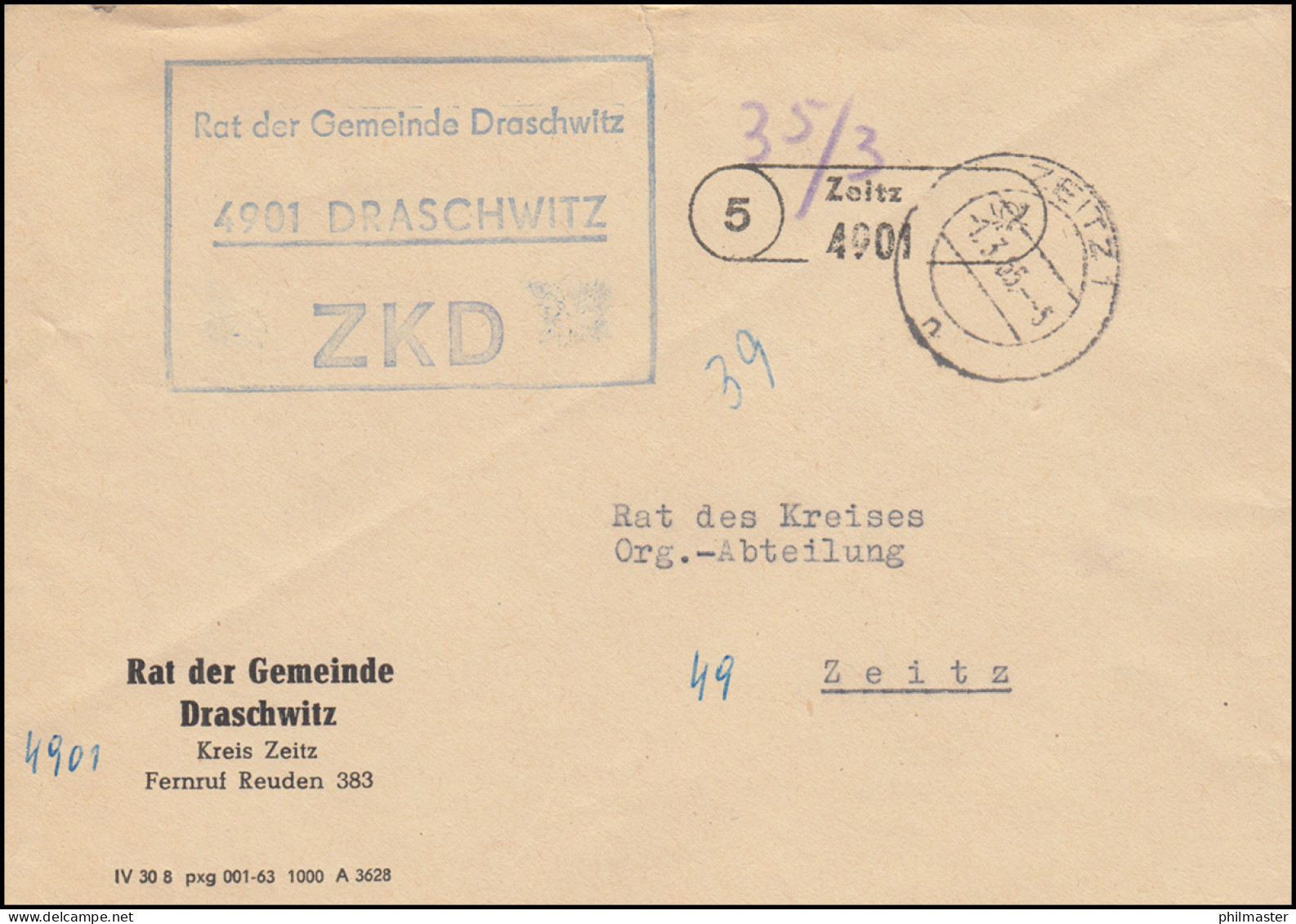 ZKD-Brief Rat Der Gemeinde Draschwitz Orts-Brief ZEITZ 1.3.65 An Den Kreisrat - Sonstige & Ohne Zuordnung
