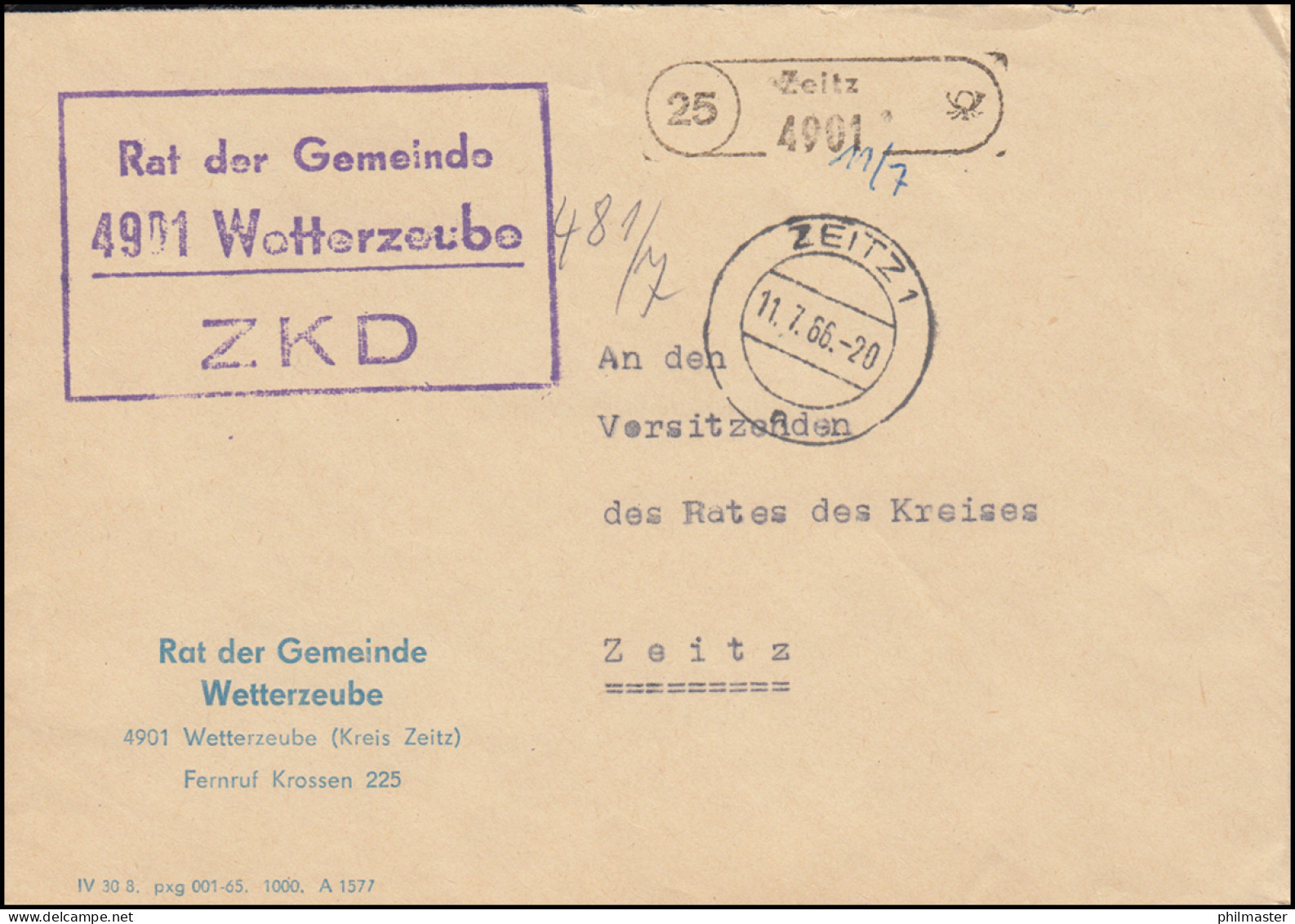 ZKD-Brief Rat Der Gemeinde Wetterzeube Orts-Brief ZEITZ 11.7.66 An Den Kreisrat - Altri & Non Classificati
