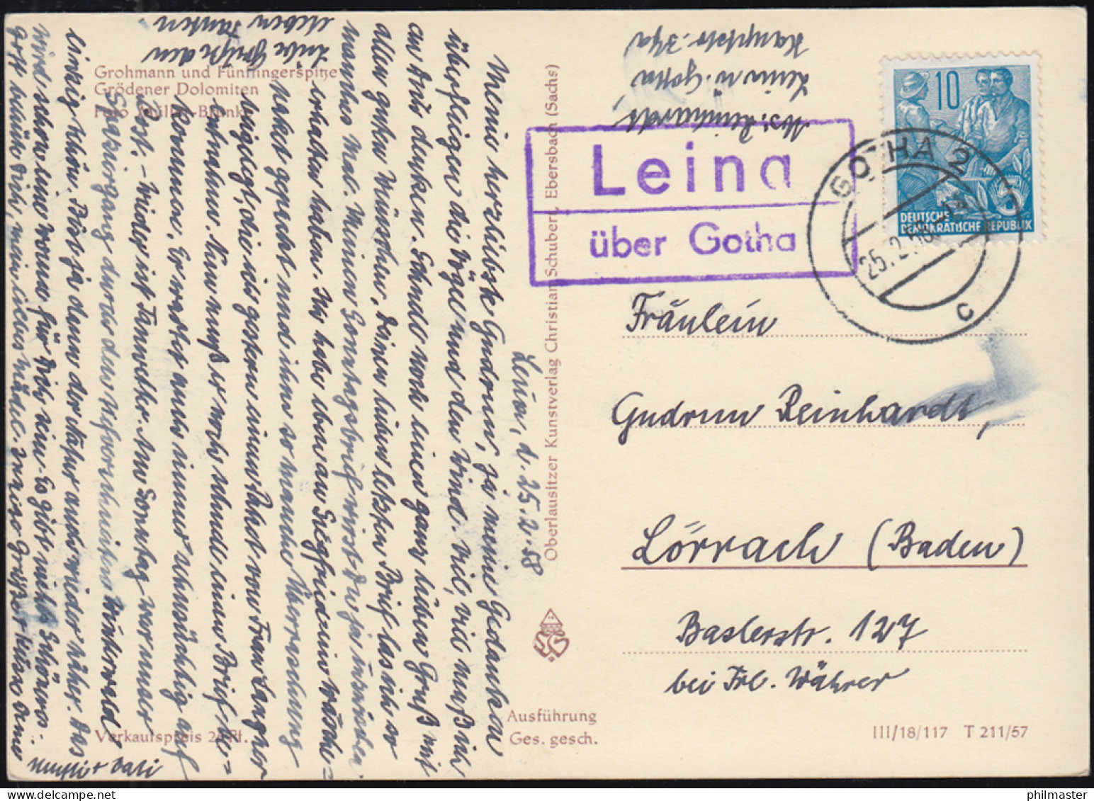 Landpost-Stempel Leina über GOTHA 2 - 25.2.1958 Auf AK Grödener Dolomiten - Sonstige & Ohne Zuordnung