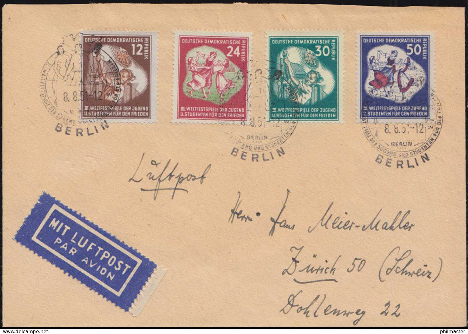 289-292 Weltfestspiele-Satz Auf Lp.-Auslands-Brief Passender SSt BERLIN 8.8.1951 - Other & Unclassified