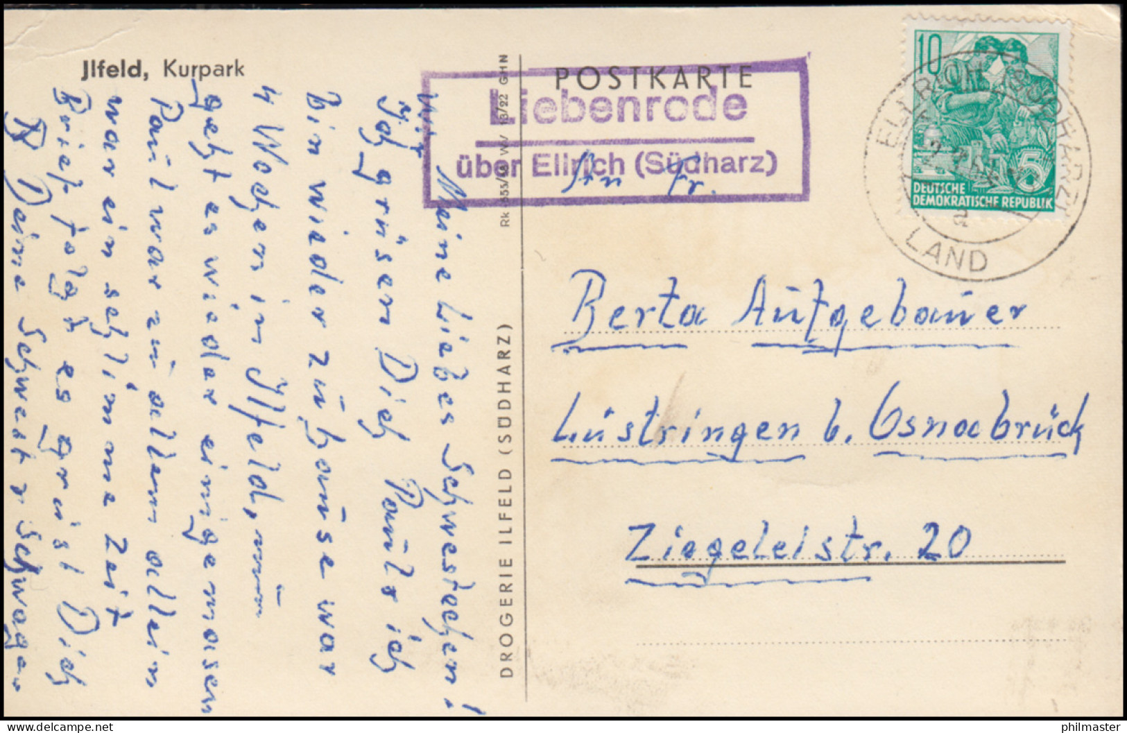 Landpost-Stempel Liebenrode über ELLRICH (SÜDHARZ) LAND 2.9.1960 Auf AK Jlfeld - Sonstige & Ohne Zuordnung