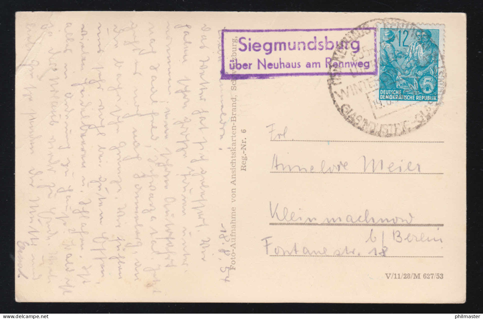 Landpost-Stempel Siegmundsburg über NEUHAUS AM RENNWEG SSt 19.8.1954 Auf AK - Otros & Sin Clasificación