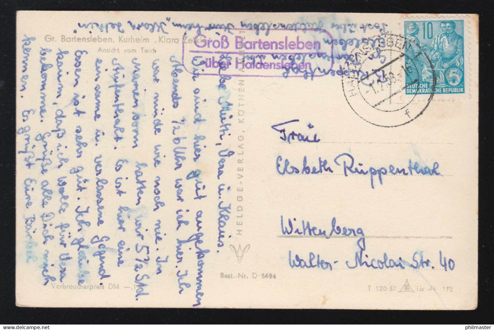 Landpost-Stempel Groß Bartensleben über HALDENSLEBEN 1.2.1958 - AK Kurheim - Other & Unclassified