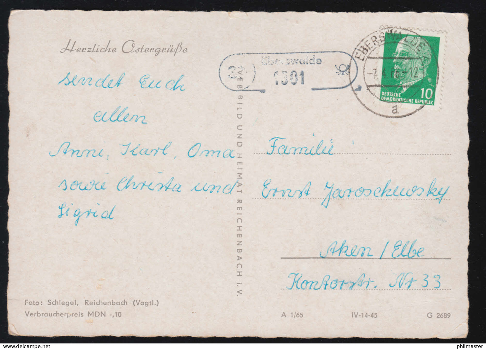 Landpost-Stempel 1301 Eberswalde Auf AK Ostern, EBERSWALDE 7.4.1966 - Autres & Non Classés