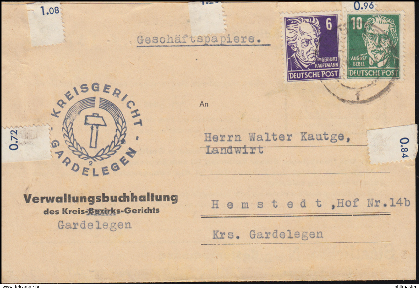 Hauptmann 6 Pf. Und Bebel 10 Pf. Als MiF, Geschäftspapiere GARDELEGEN 13.4.53 - Autres & Non Classés