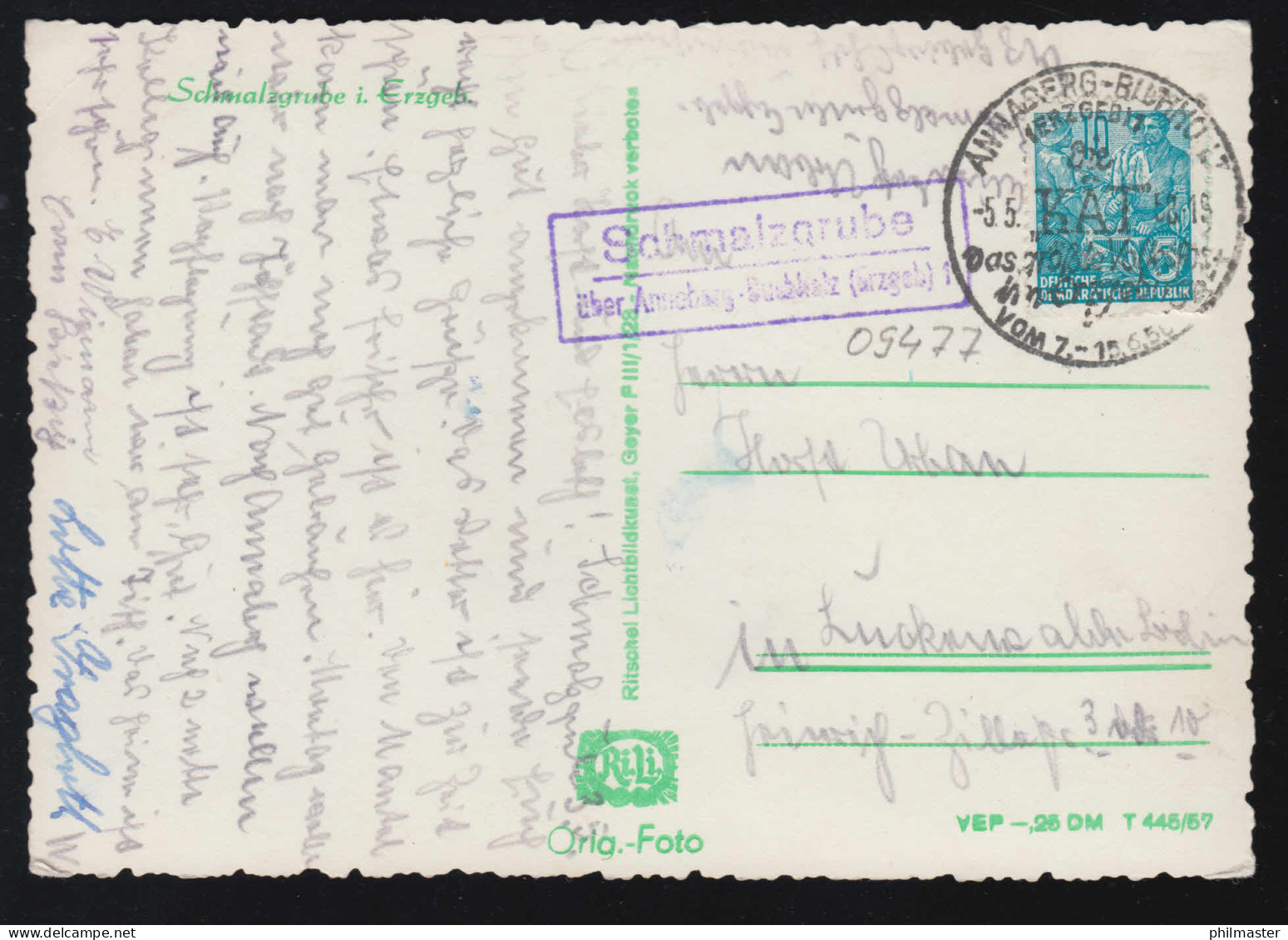 Landpost-Stempel Schmalzgrube über Annaberg-Buchholz/Erzgebirge SSt 1958 Auf AK - Autres & Non Classés