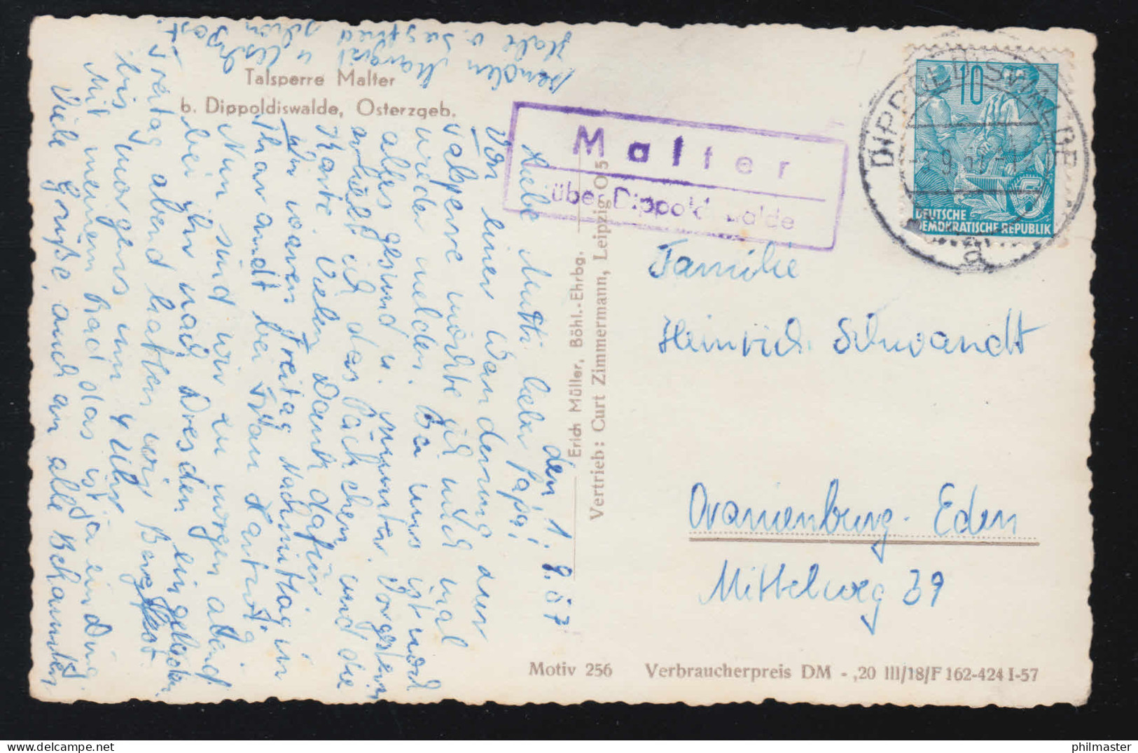 Landpost-Stempel Malter über DIPPOLDISWALDE 3.9.1957 Auf AK Talsperre Malter - Other & Unclassified