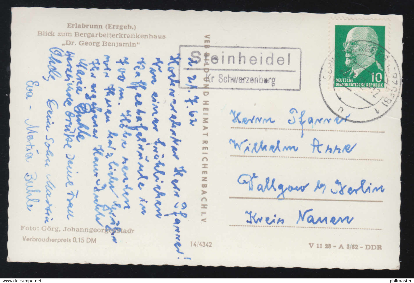 Landpost-Stempel Steinheidel Kreis SCHWARZENBERG 23.7.1962 Auf AK Erlabrunn - Otros & Sin Clasificación