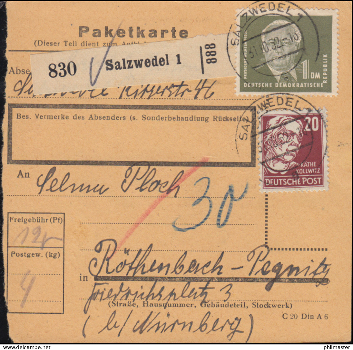 253 Pieck 1 DM Mit Kollwitz 20 Pf Auf Paketkarte SALZWEDEL 31.10.1952 - Altri & Non Classificati