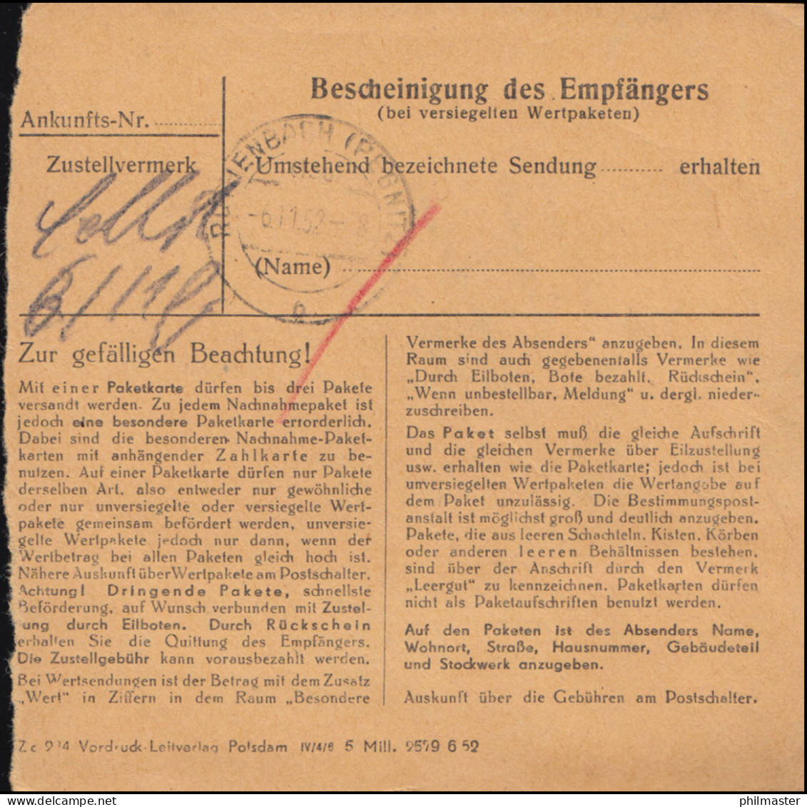 253 Pieck 1 DM Mit Kollwitz 20 Pf Auf Paketkarte SALZWEDEL 31.10.1952 - Autres & Non Classés