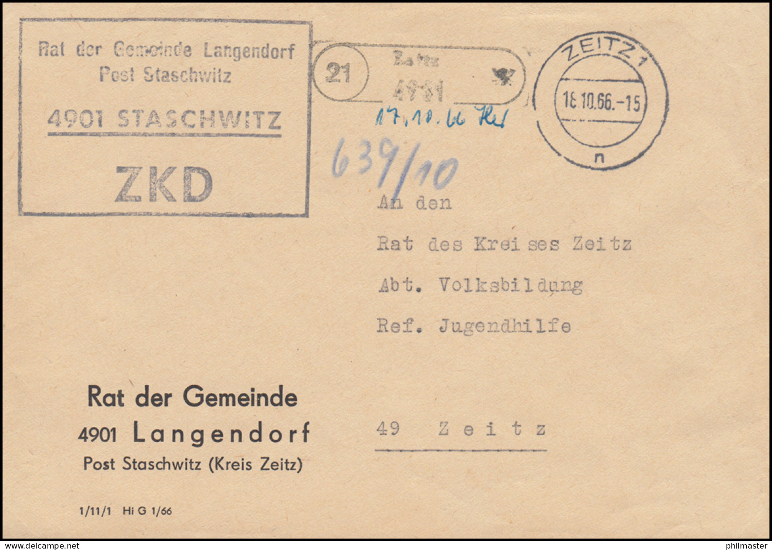 ZKD-Brief Rat Der Gemeinde Langendorf Post Staschwitz Orts-Brief ZEITZ 18.10.66 - Sonstige & Ohne Zuordnung