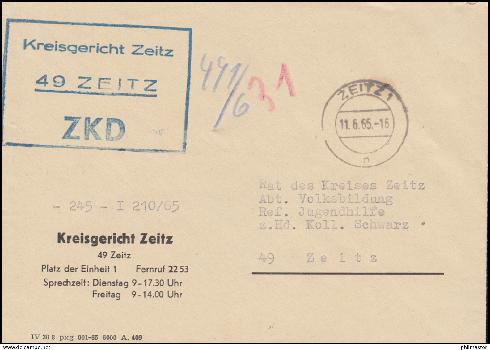 ZKD-Brief Kreisgericht Zeitz Auf Orts-Brief ZEITZ 11.6.65 An Den Rat Des Kreises - Autres & Non Classés