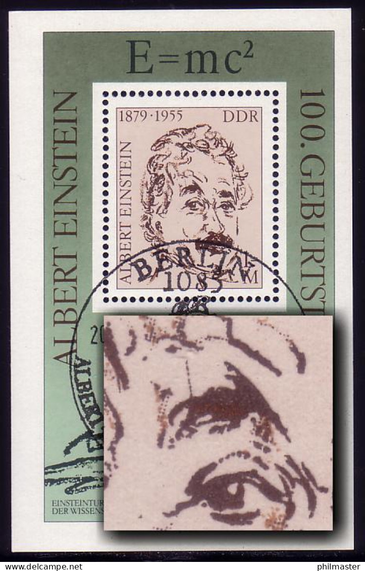 Block 54 Albert Einstein 1979 Mit PLF Strich über Linker Augenbraue, ESSt - Abarten Und Kuriositäten