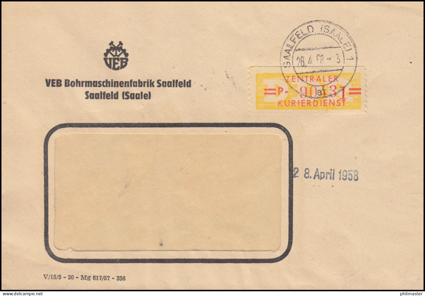 17-P Dienst-B Billett Mit Nummer 90431 Brief Bohrmaschinenfabrik SAALFELD 1958 - Briefe U. Dokumente