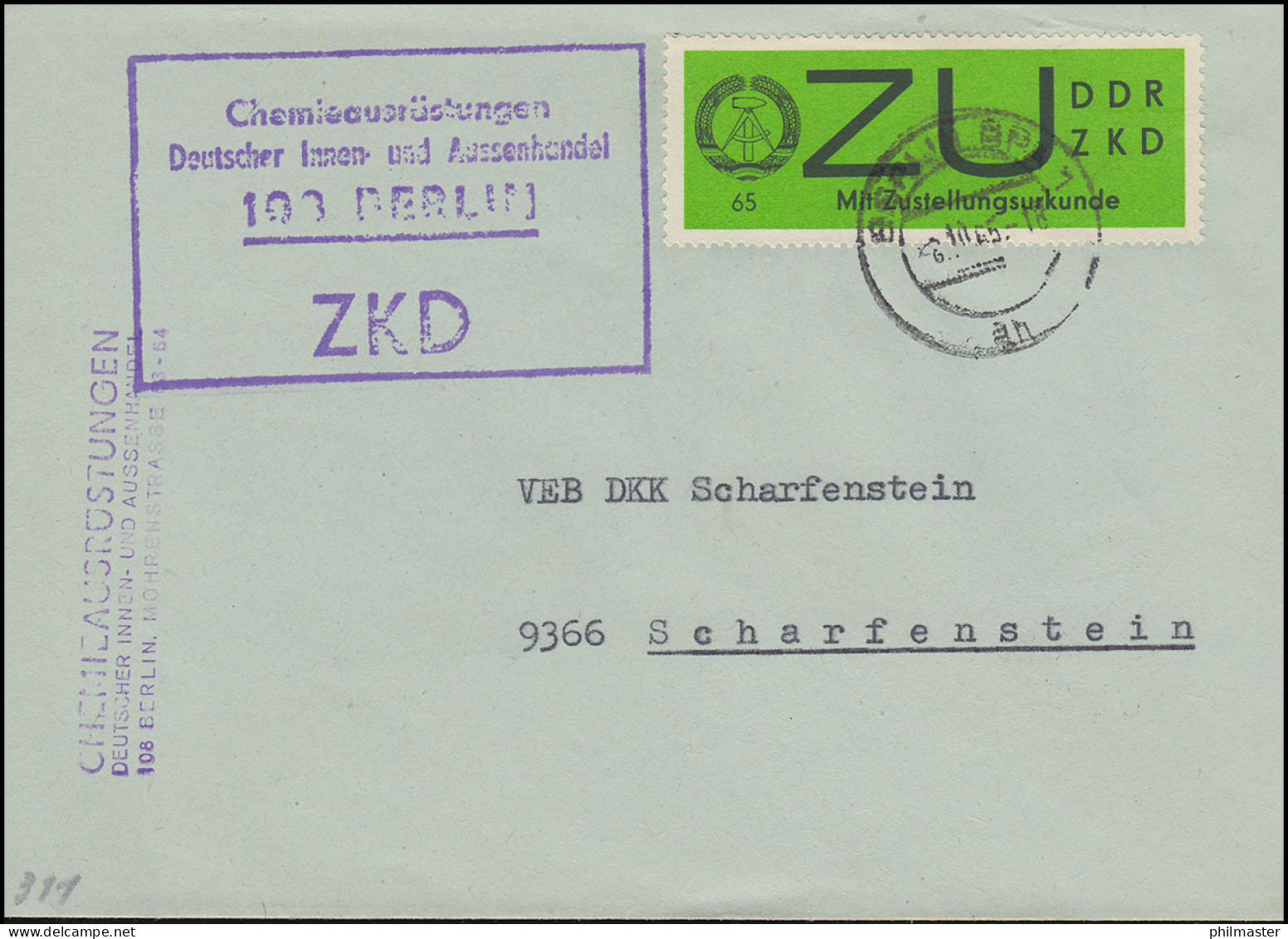 Dienst E 2 Zustellungsurkunde ZKD-Brief BERLIN 8.10.65 Nach SCHARFENSTEIN 9.10. - Storia Postale