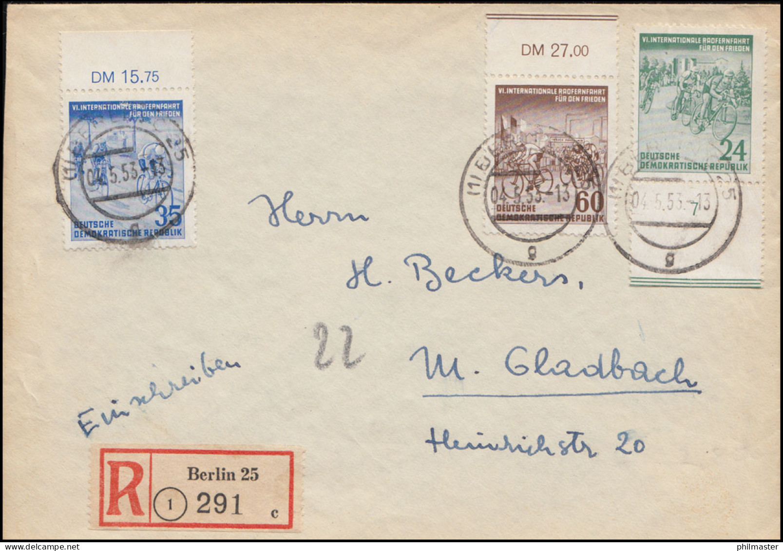 355-357 Radfernfahrt Friedensfahrt 1953 Mit 357II Auf R-Brief BERLIN 25 - 4.5.53 - Variétés Et Curiosités