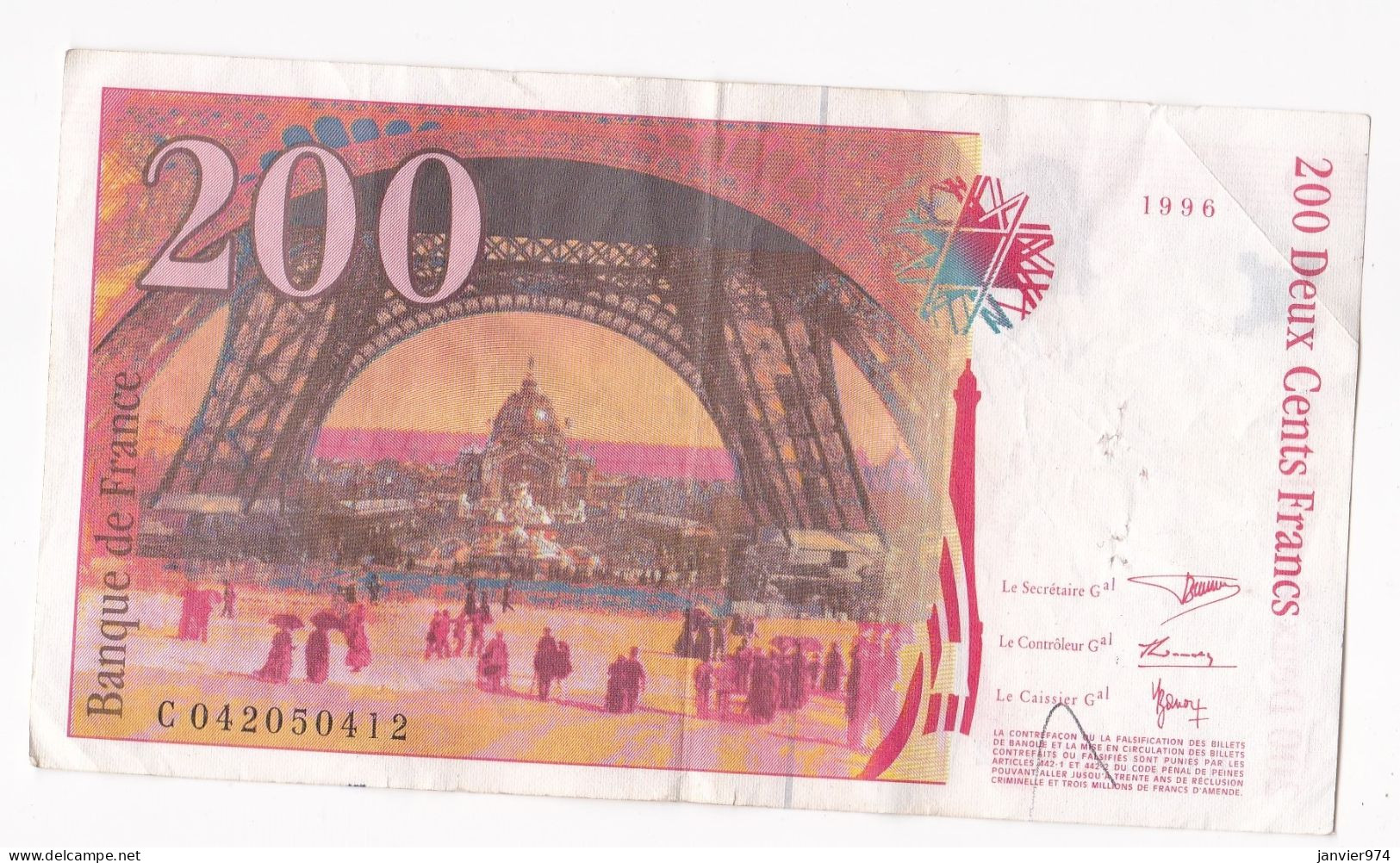 200 Francs Eiffel 1996, Alphabet : C 042050412, Tres Beau Billet - 200 F 1995-1999 ''Eiffel''