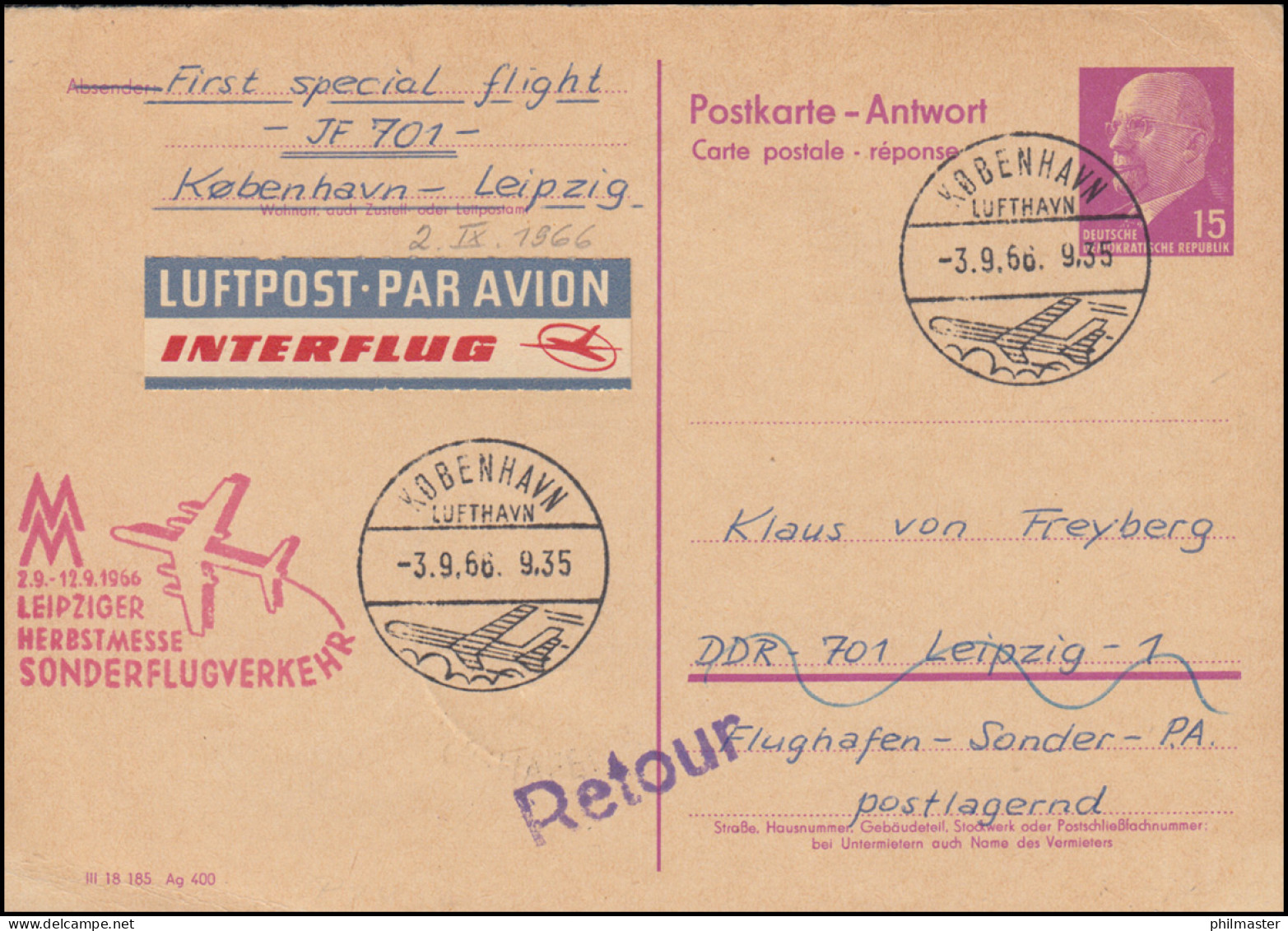 Interflug Messe-Erstflug IF 701 Am 2.9.66 Auf DDR P 74A, KOPENHAGEN 3.9.66 - Poste Aérienne