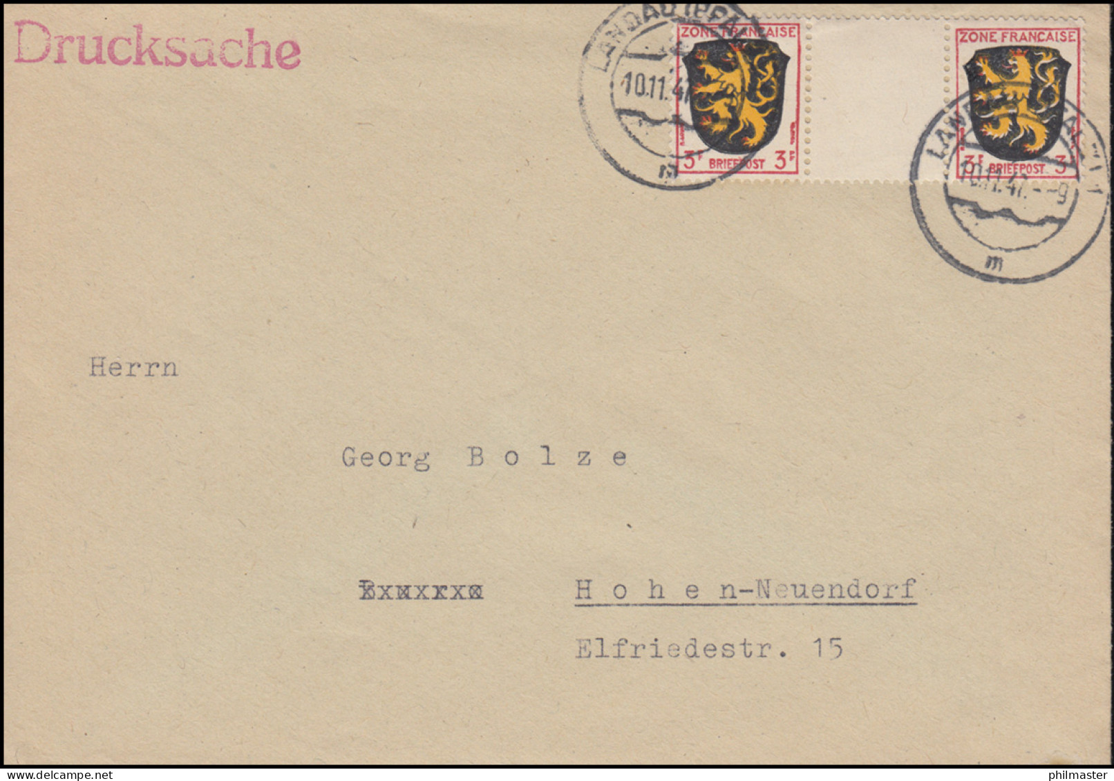 Franz. Zone Allgemein 2 Wappen 3 Pf. Zwischenstegpaar Drucksache LANDAU 10.11.47 - Emisiones Generales