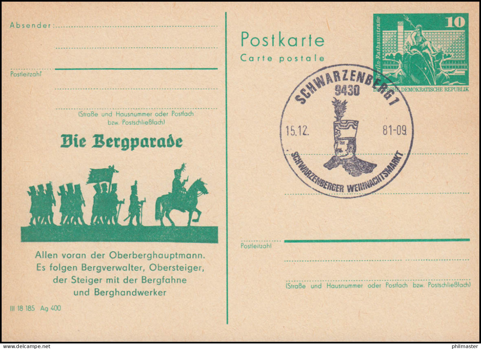 DDR P 79 Die Bergparade - Der Oberberghauptmann 1981, SSt SCHWARZENBERG Bergmann - Sonstige & Ohne Zuordnung