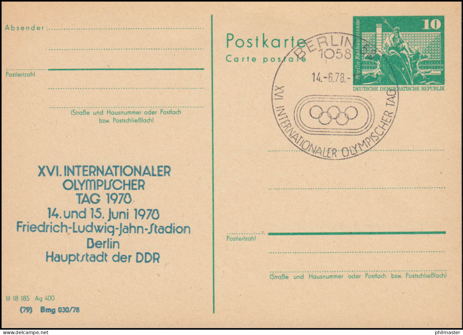 DDR P 79 Internationaler Olympischer Tag 1978 Blau, SSt Berlin Olympische Ringe  - Sonstige & Ohne Zuordnung