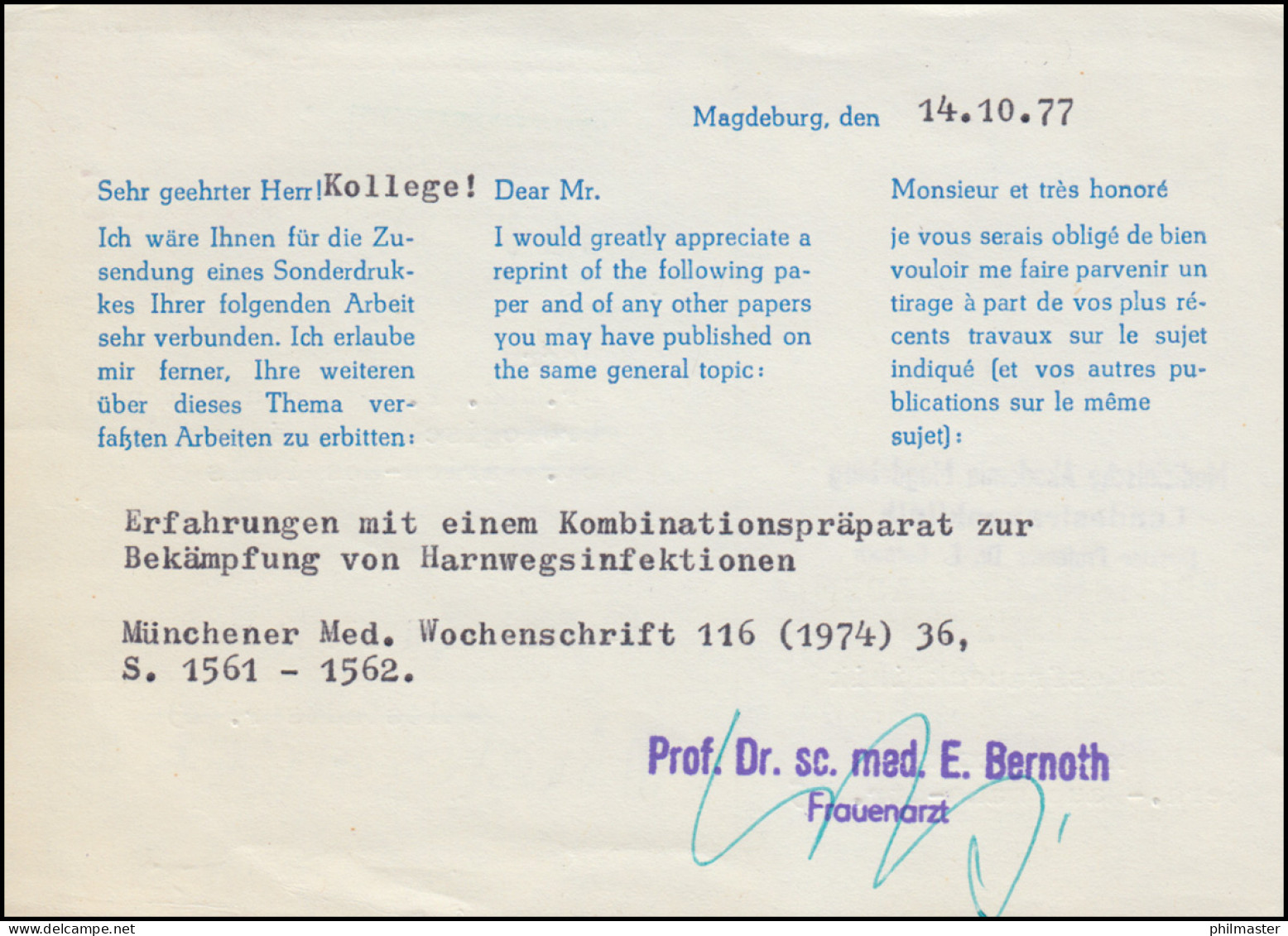 AFS Medizinische Akademie MAGDEBURG 14.10.77 Landesfrauenklinik Nach Lünen - Ziekte