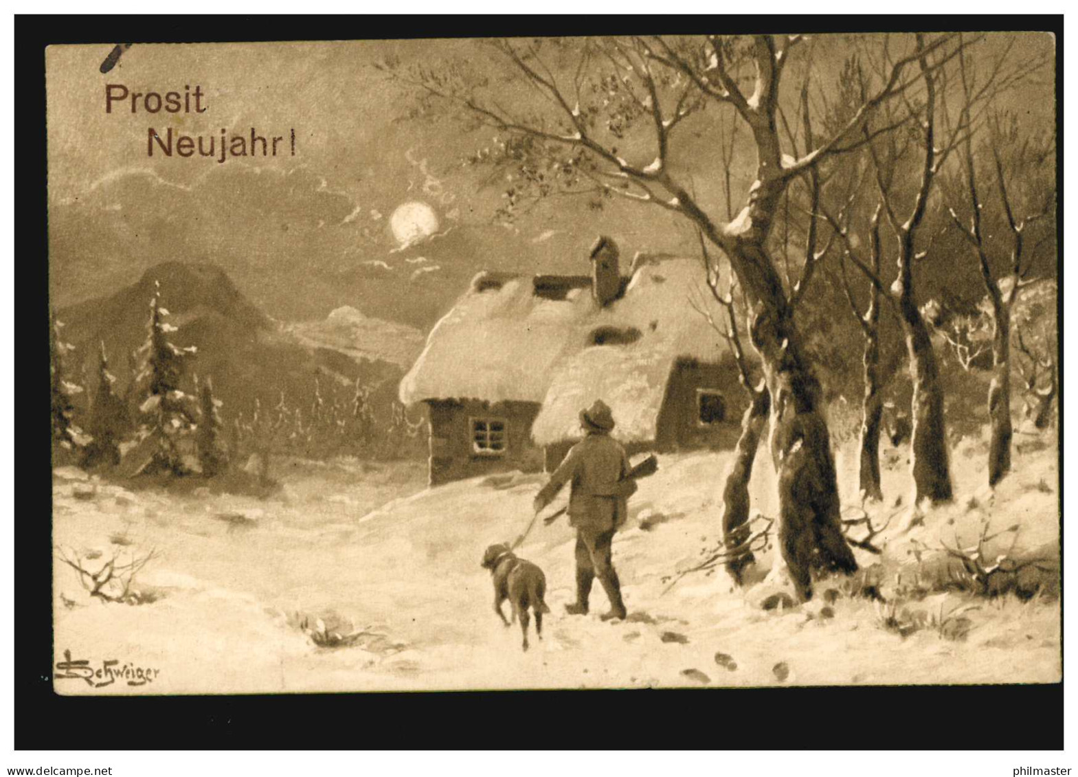 Ansichtskarte Neujahr Winterlandschaft, Jäger Und Hund, MOSSBURG 31.12.1913 - Neujahr