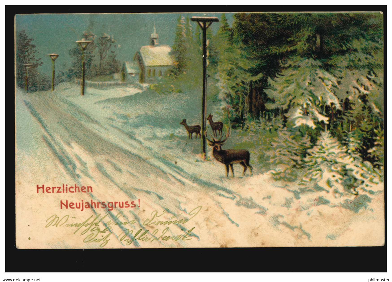 Ansichtskarte Neujahr Kirche, Hirsche, SYLOW (BEZIRK FRANKFURT, ODER) - New Year