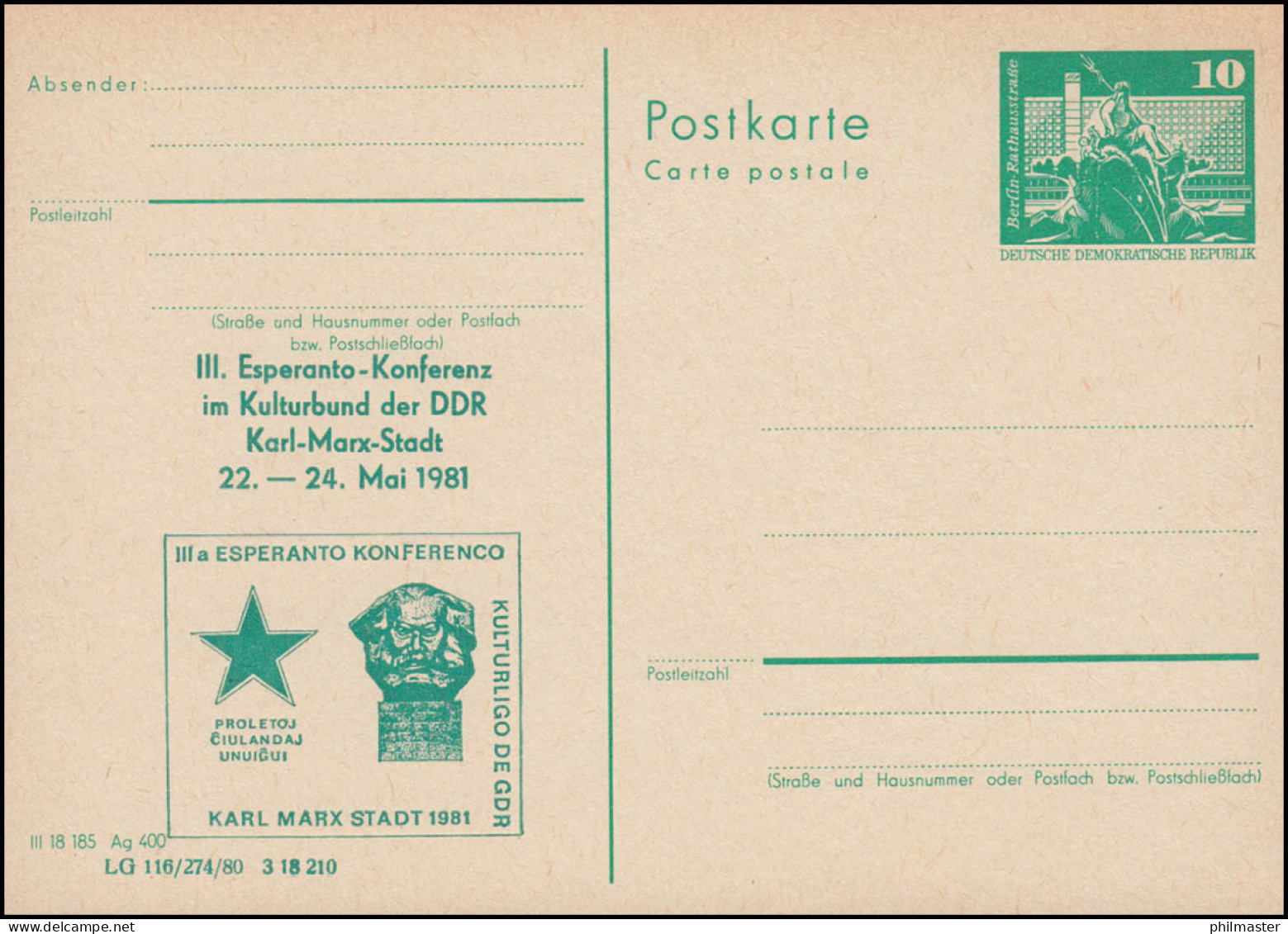 DDR P 79 ESPERANTO-Konferenz Karl-Marx-Stadt 1981, **  - Autres & Non Classés