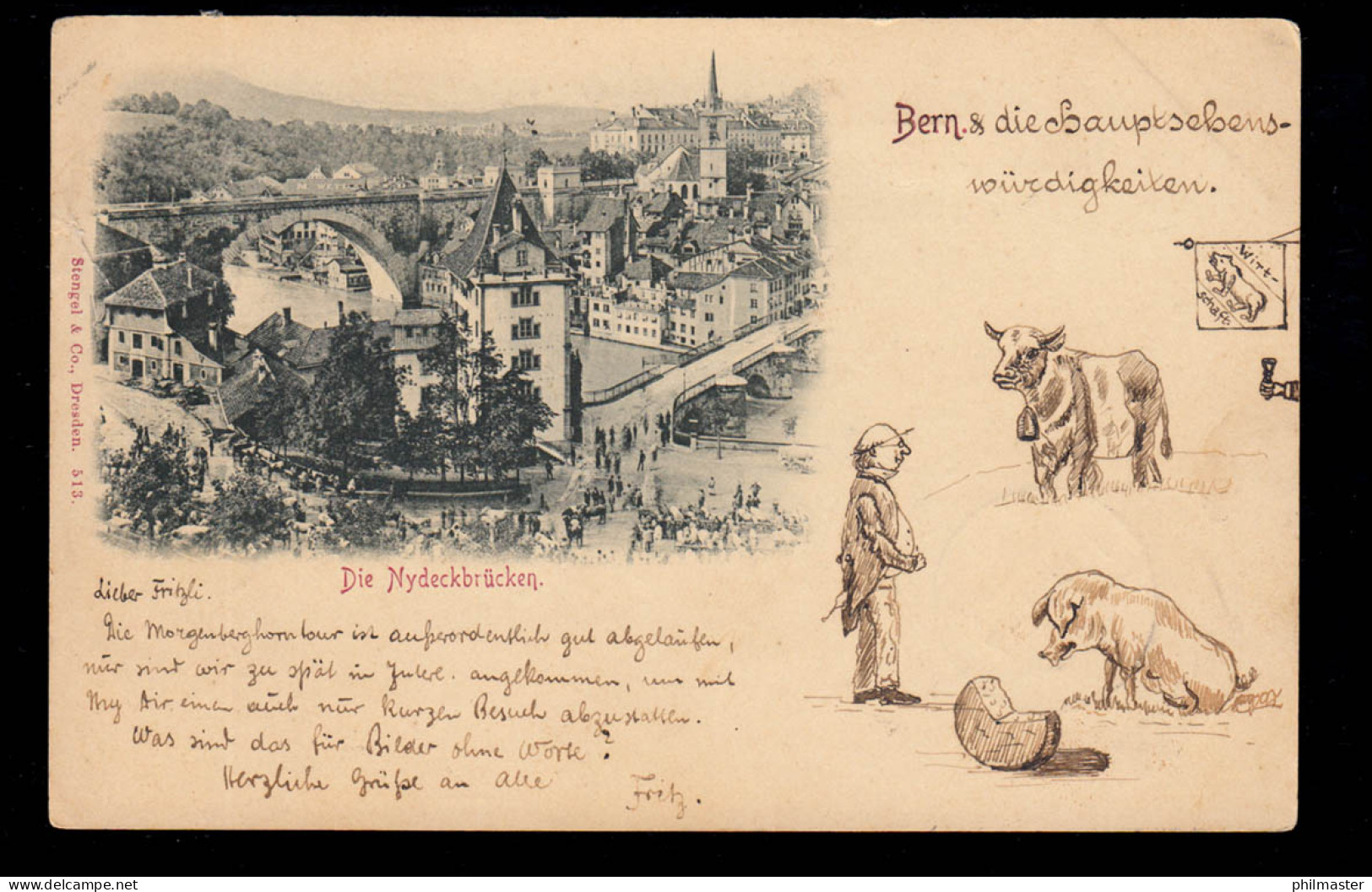 AK Schweiz: Die Nydeckbrücken, Mit Selbstgemalten Figuren, BERN 14.9.1898 - Occupation 1914-18