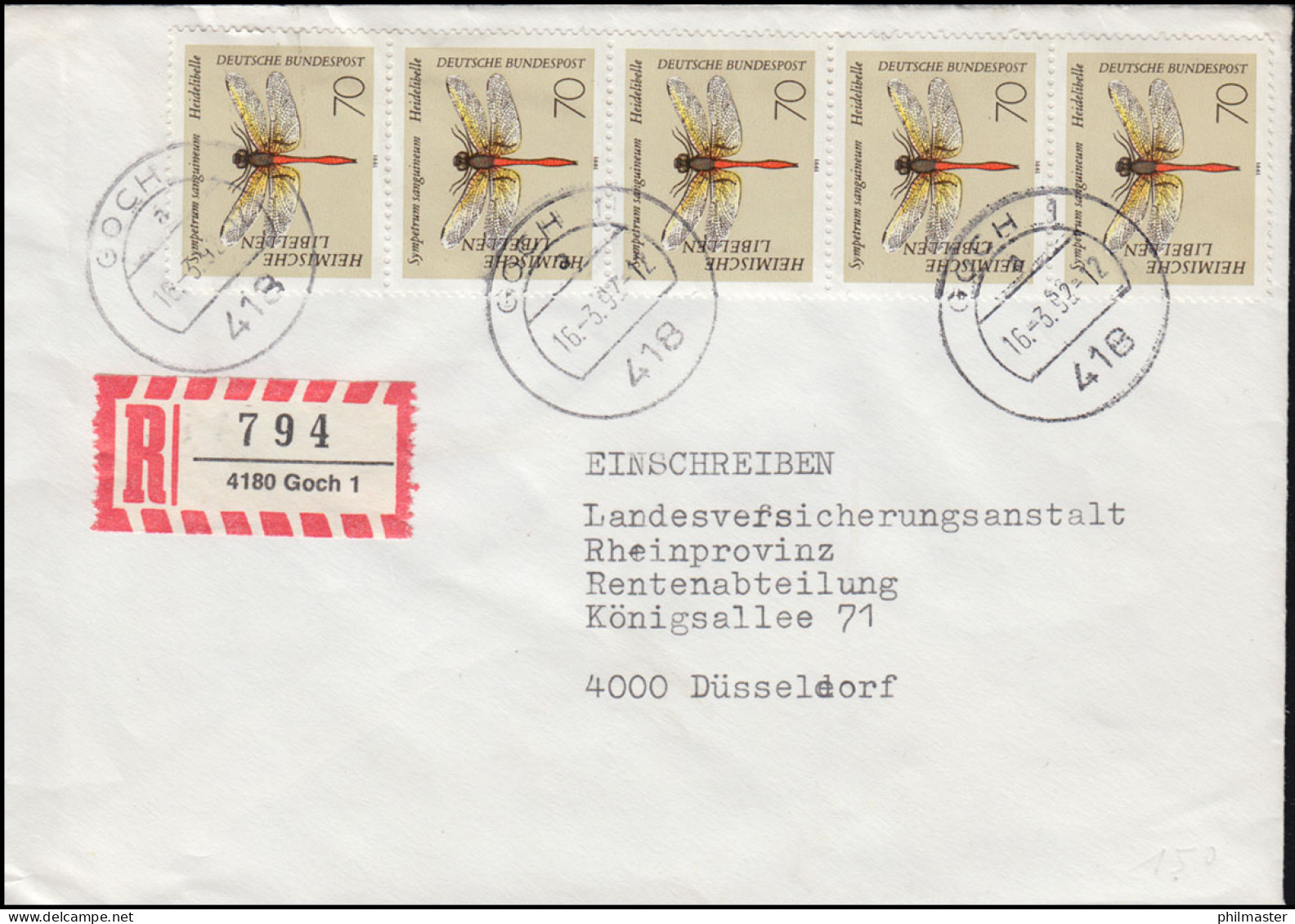 1550 Libellen Heidelibelle Als MeF Senkr. 5er-Streifen R-Brief GOCH 16.3.1992 - Altri & Non Classificati