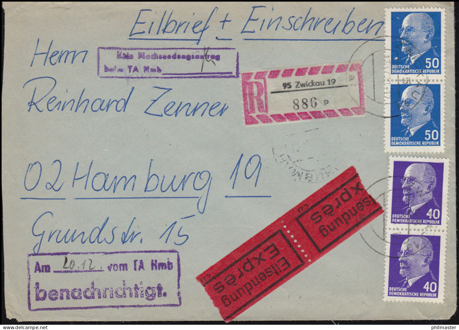 936+937 Ulbricht Je Senkrechtes Paar Eil-R-Brief ZWICKAU 17.12.1973 Nach Hamburg - Other & Unclassified