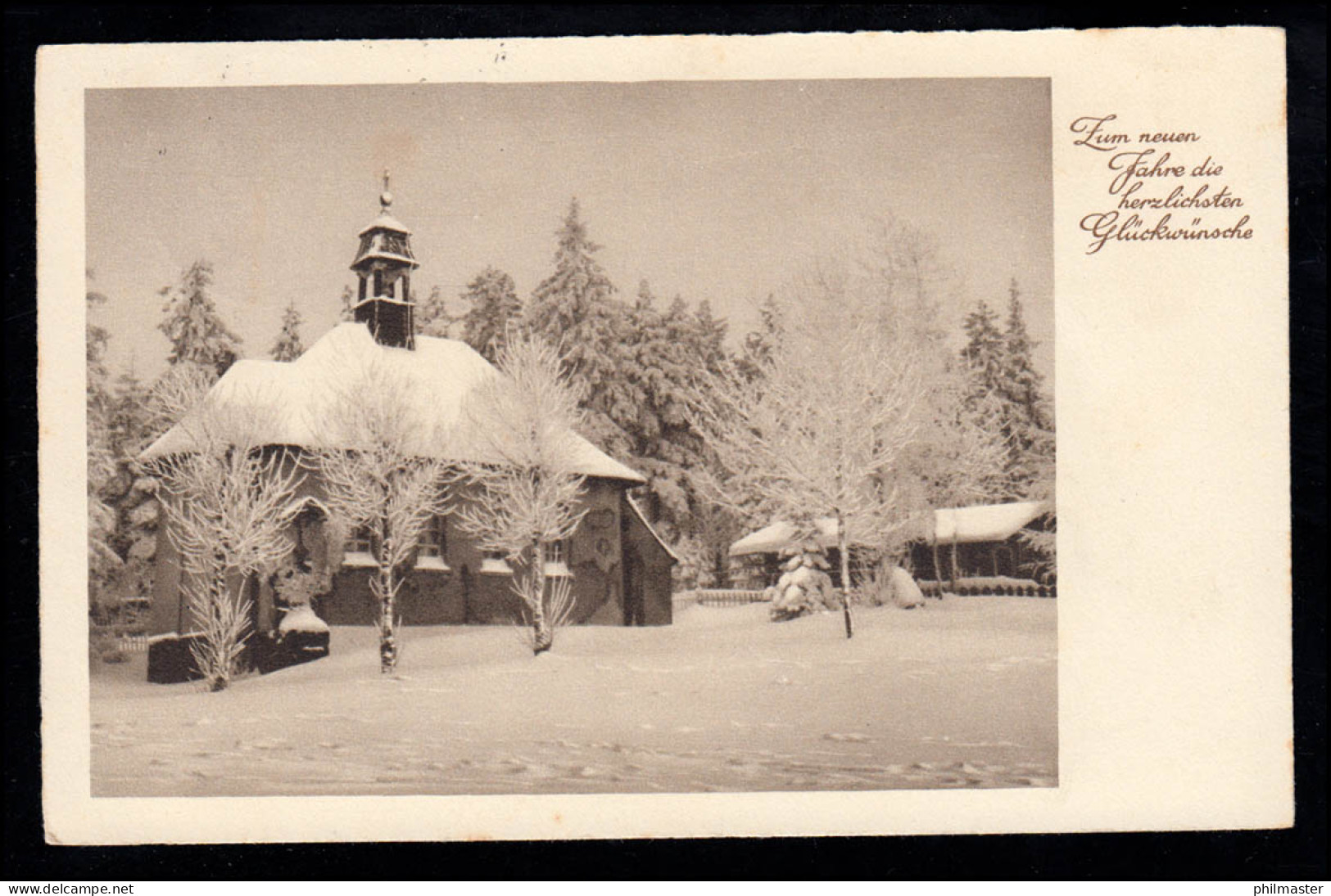 Foto-AK Neujahr: Dorfidylle - Verschneite Kirche, LANGENLONSHEIM (NAHE) 31.12.36 - Nieuwjaar
