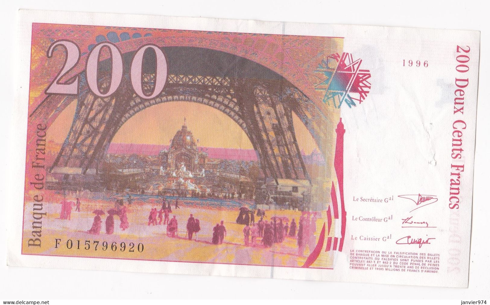 200 Francs Eiffel 1996, Alphabet : F 015796920, Tres Beau Billet - 200 F 1995-1999 ''Eiffel''