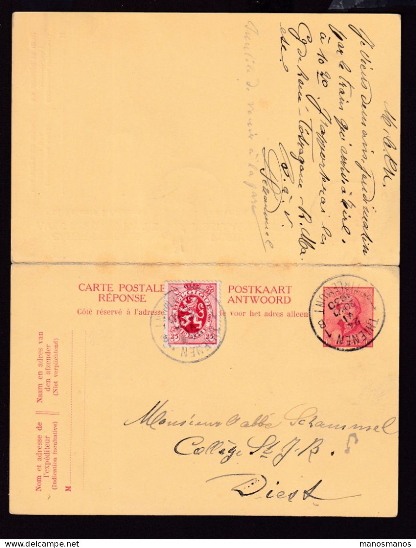 130/41 - Entier Double Casqué + TP Lion Héraldique DIEST 1930 Vers TIRLEMONT , Réponse THIENEN Vers DIEST - Briefkaarten 1909-1934
