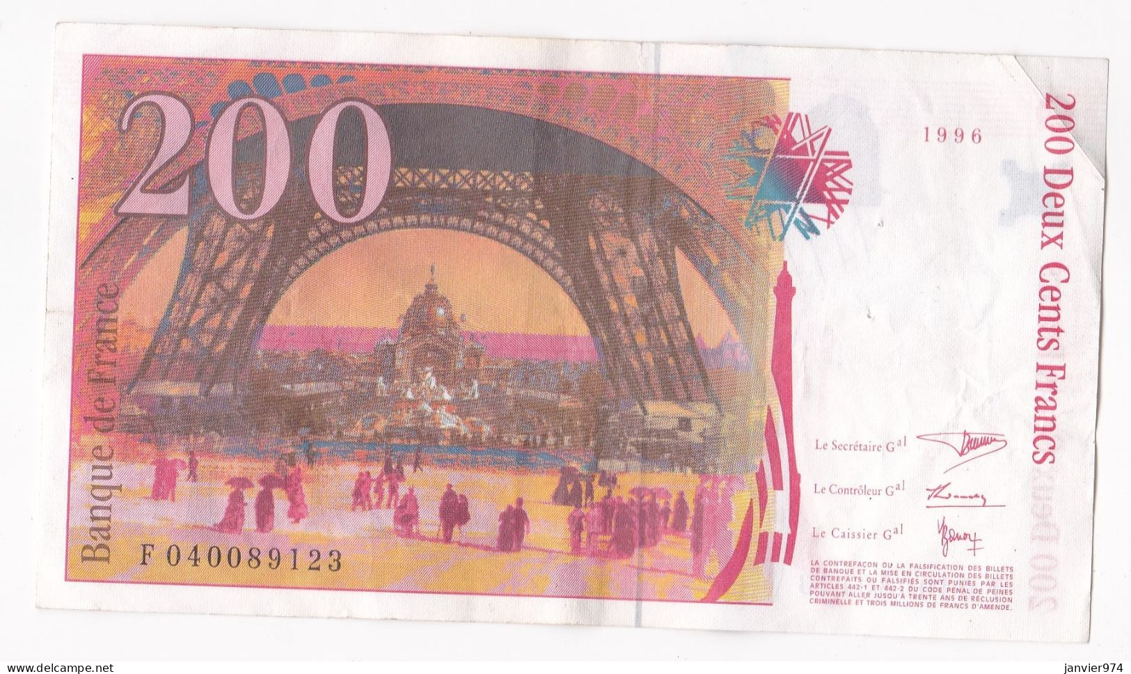 200 Francs Eiffel 1996, Alphabet : F 040089123, Tres Beau Billet - 200 F 1995-1999 ''Eiffel''