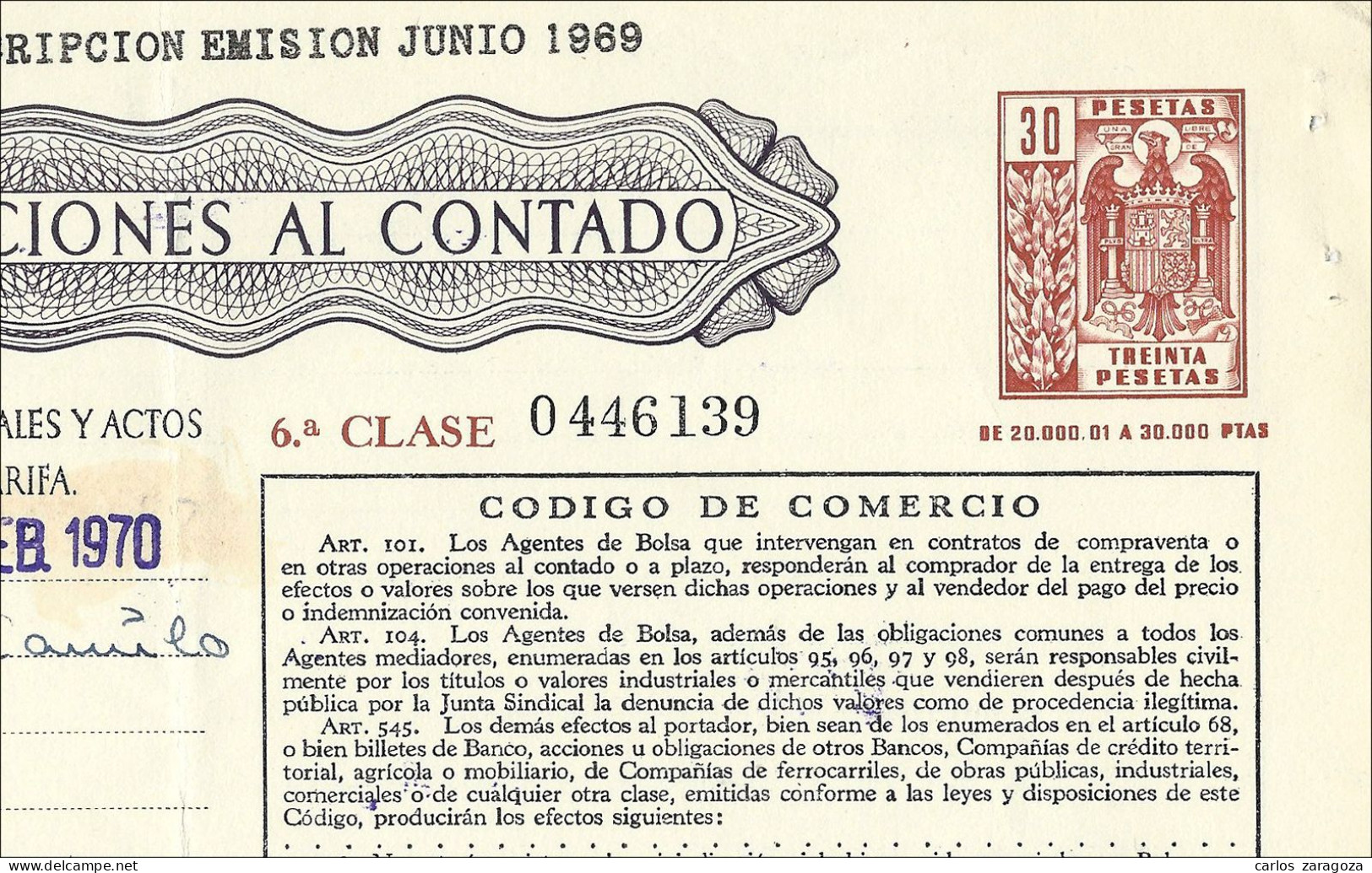 1970 Póliza De OPERACIONES AL CONTADO—Timbre 6a Clase 30 Ptas—Timbrología—Entero Fiscal - Fiscali