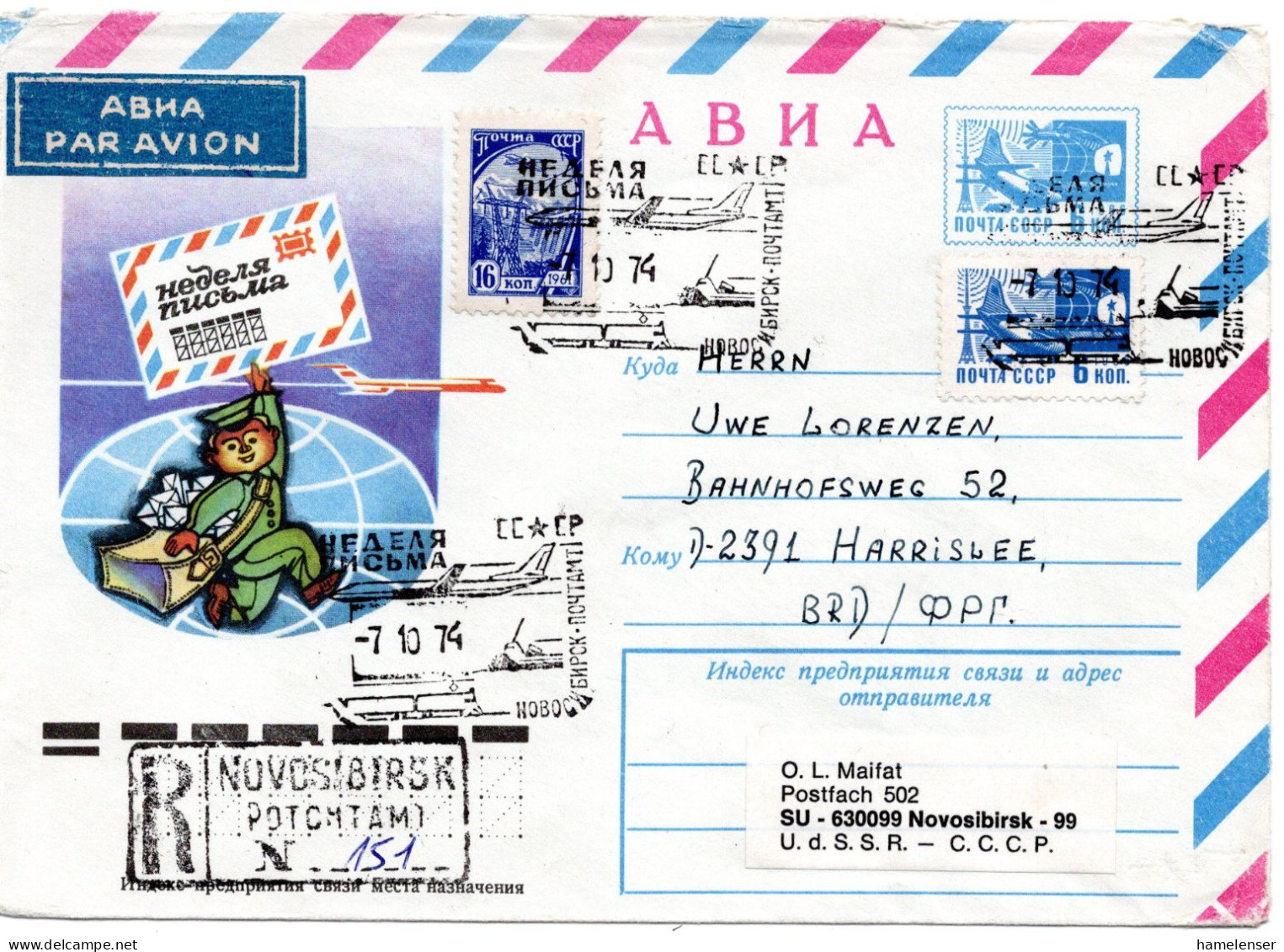 64082 - Russland / UdSSR - 1974 - 6K GALpU "Briefwoche" M ZusFrankatur Als R-Bf SoStpl NOVOSIBIRSK - BRIEFWOCHE -> BRD - Briefe U. Dokumente