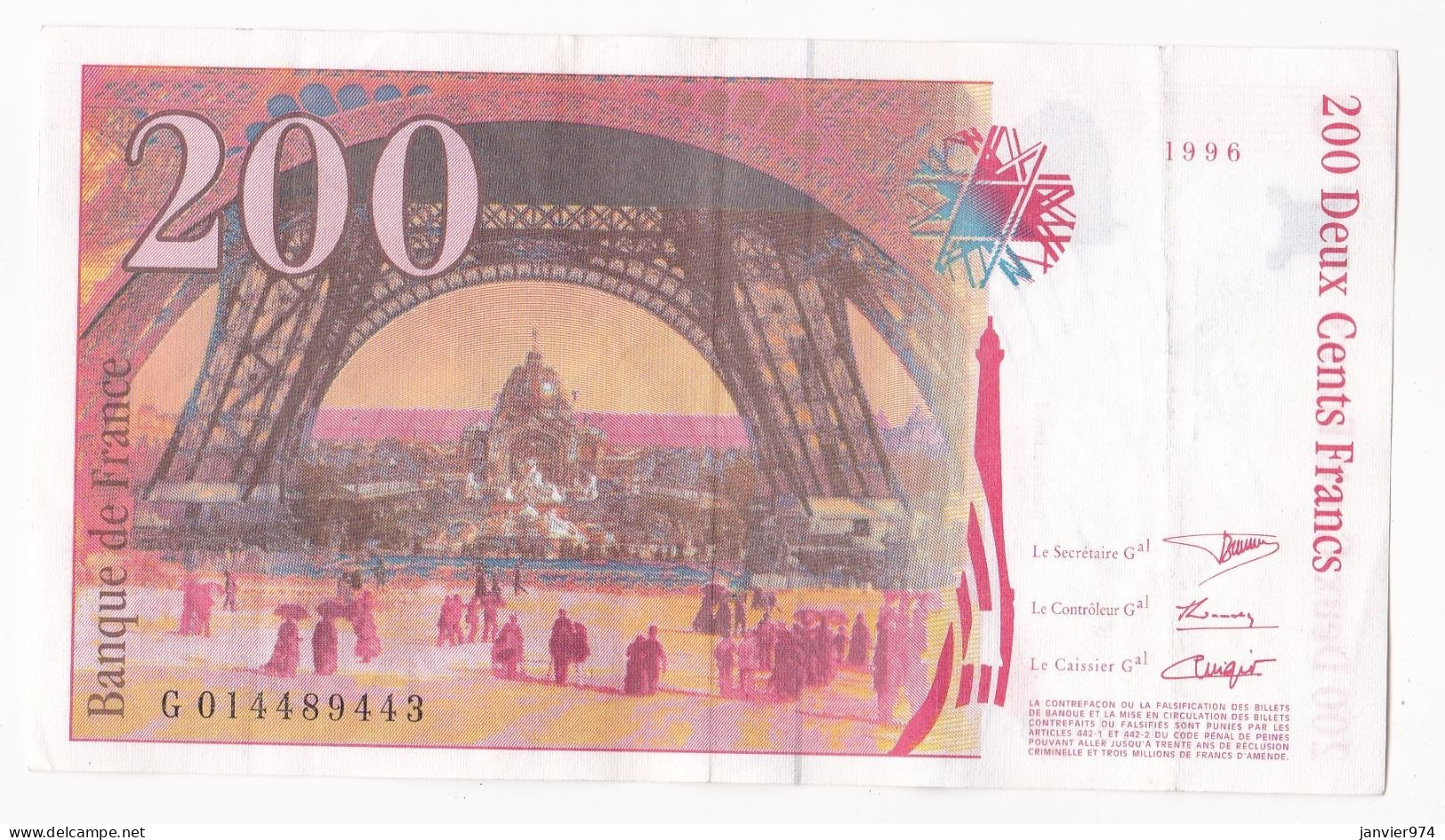 200 Francs Eiffel 1996, Alphabet : G 014489443, Tres Beau Billet - 200 F 1995-1999 ''Eiffel''