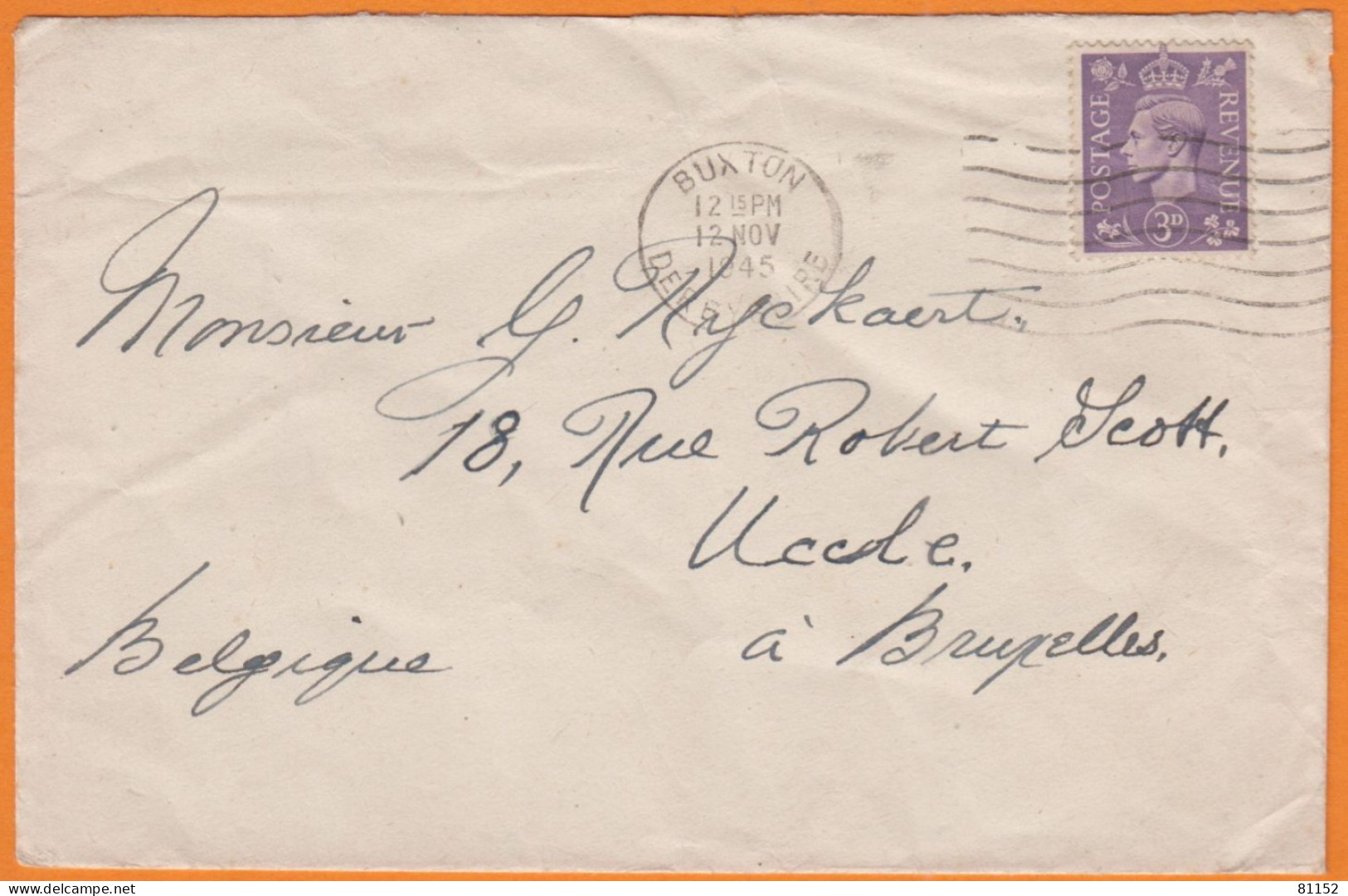 Georges VI 3p Violet  Y.et.T. 214  SEUL  Sur Lettre  De  BUXTON   Le 12 NOV 1945  Pour BRUXELLES - Storia Postale