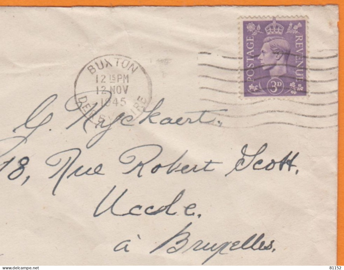 Georges VI 3p Violet  Y.et.T. 214  SEUL  Sur Lettre  De  BUXTON   Le 12 NOV 1945  Pour BRUXELLES - Brieven En Documenten
