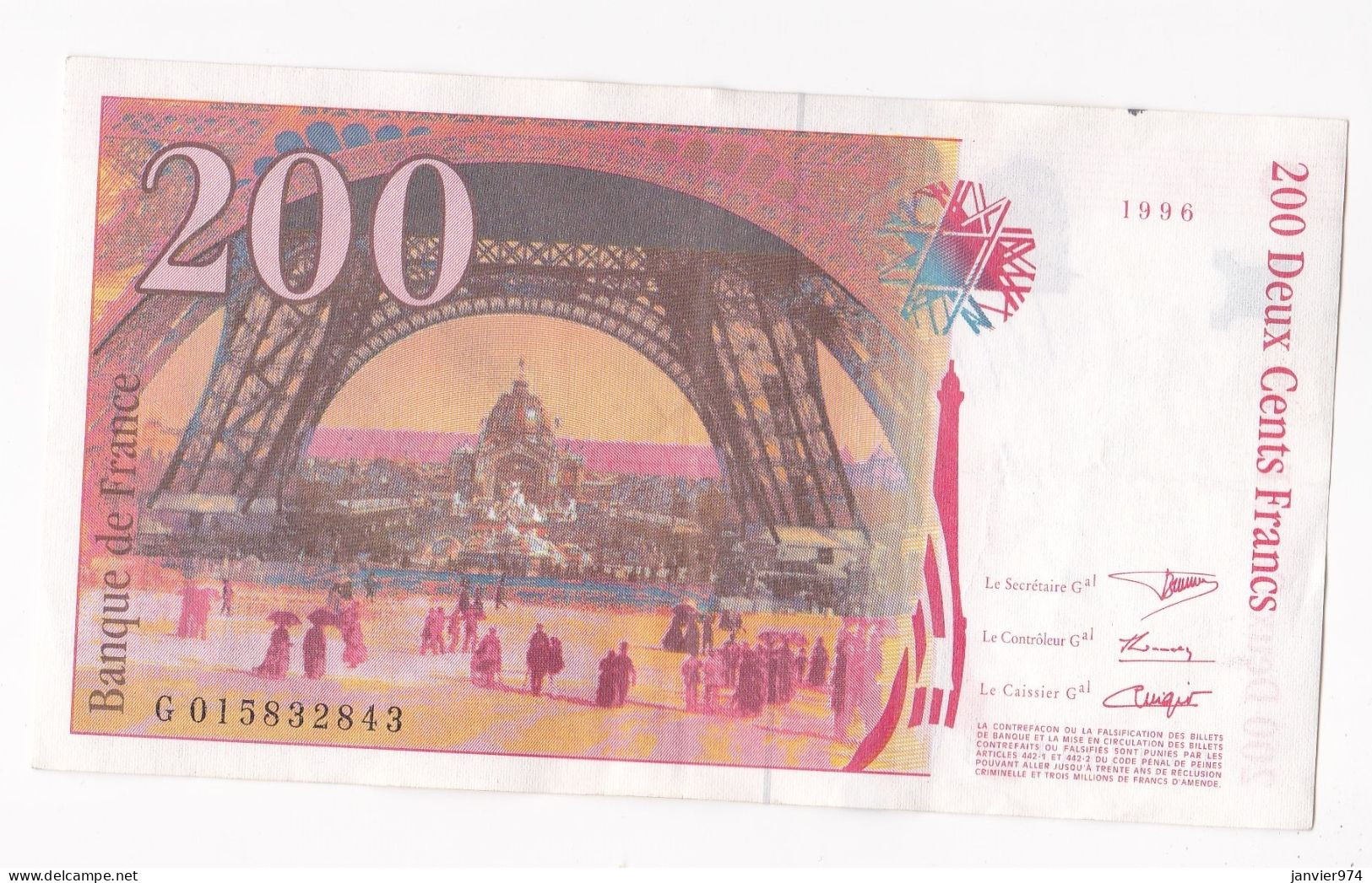 200 Francs Eiffel 1996, Alphabet : G 015832843, Tres Beau Billet - 200 F 1995-1999 ''Eiffel''