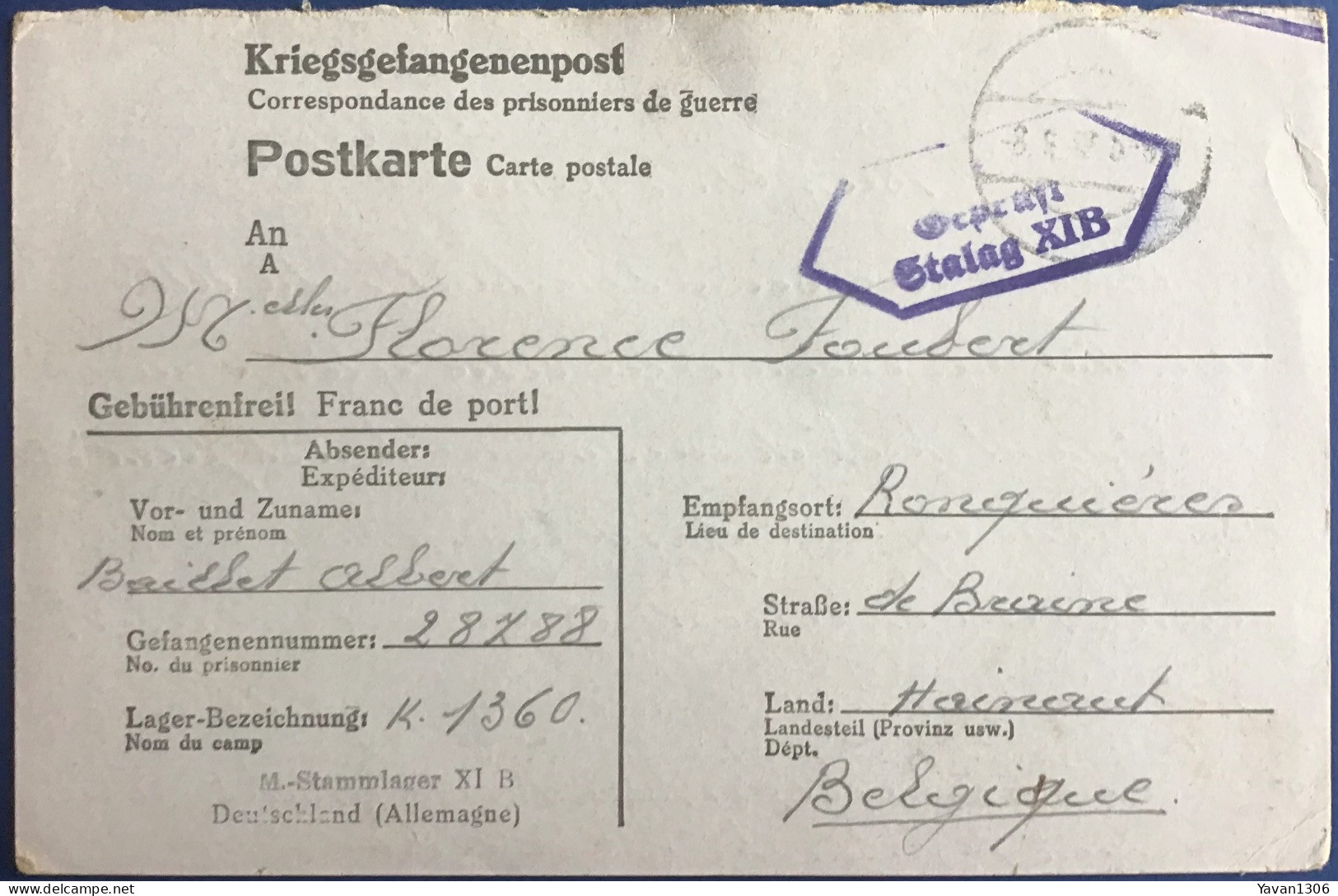 Ronquieres  Correspondance De Guerre 3 Juin 1942 - 1939-45