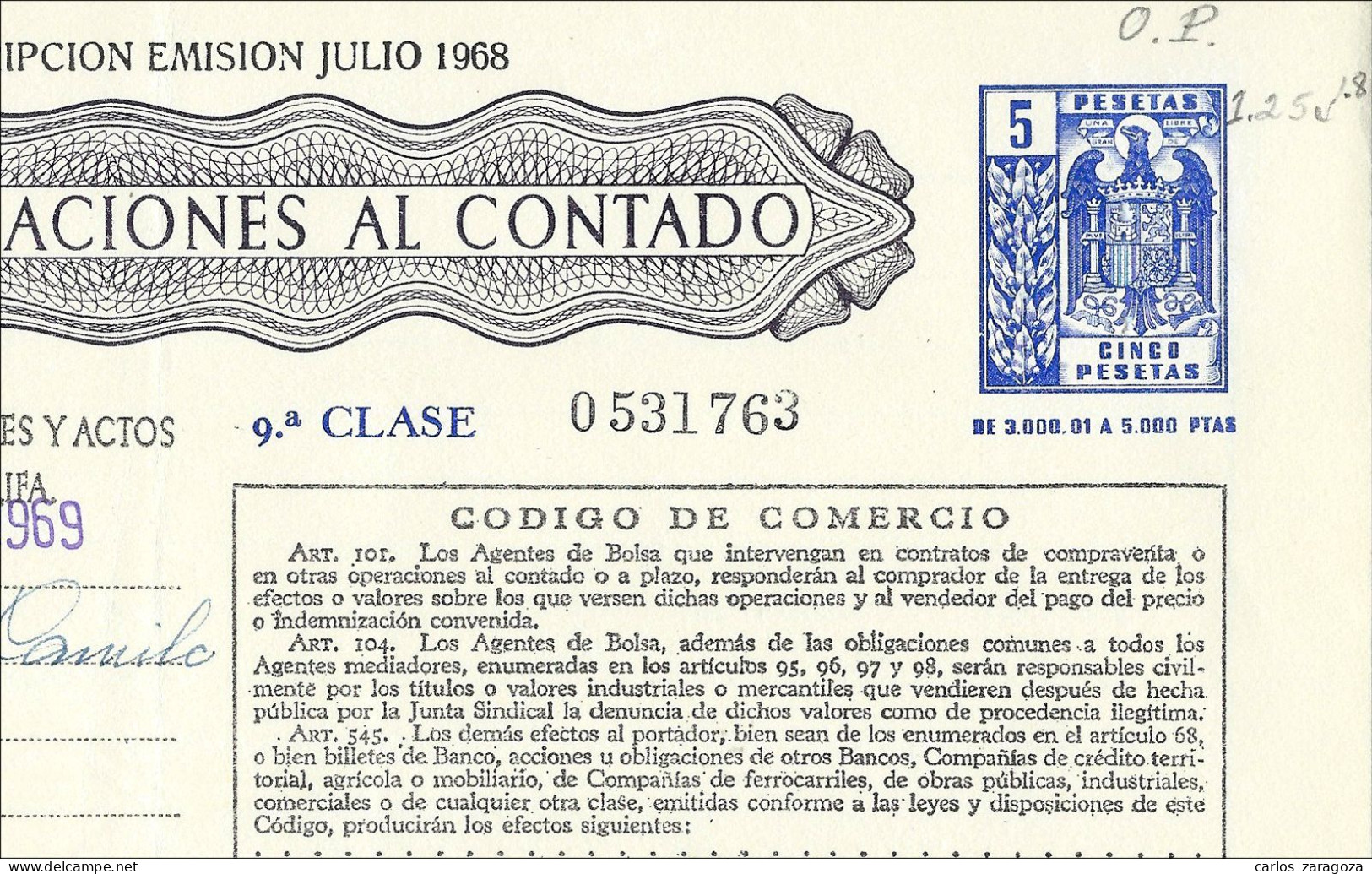 1969 Póliza De OPERACIONES AL CONTADO—Timbre 9a Clase 5 Ptas—Timbrología—Entero Fiscal - Fiscale Zegels