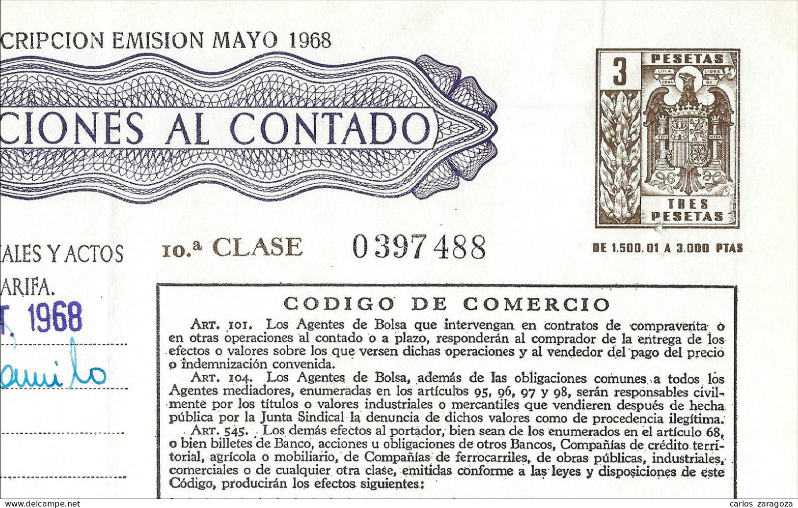 1968 Póliza De OPERACIONES AL CONTADO—Timbre 10a Clase 3 Ptas—Timbrología—Entero Fiscal - Fiscale Zegels