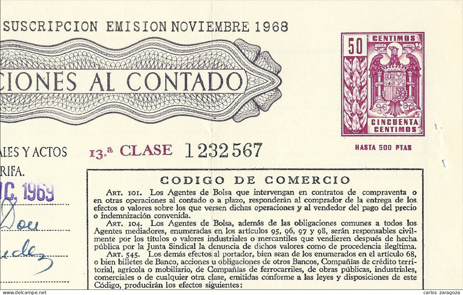 1968 Póliza De OPERACIONES AL CONTADO—Timbre 13a Clase 50 Cts—Timbrología—Entero Fiscal - Revenue Stamps