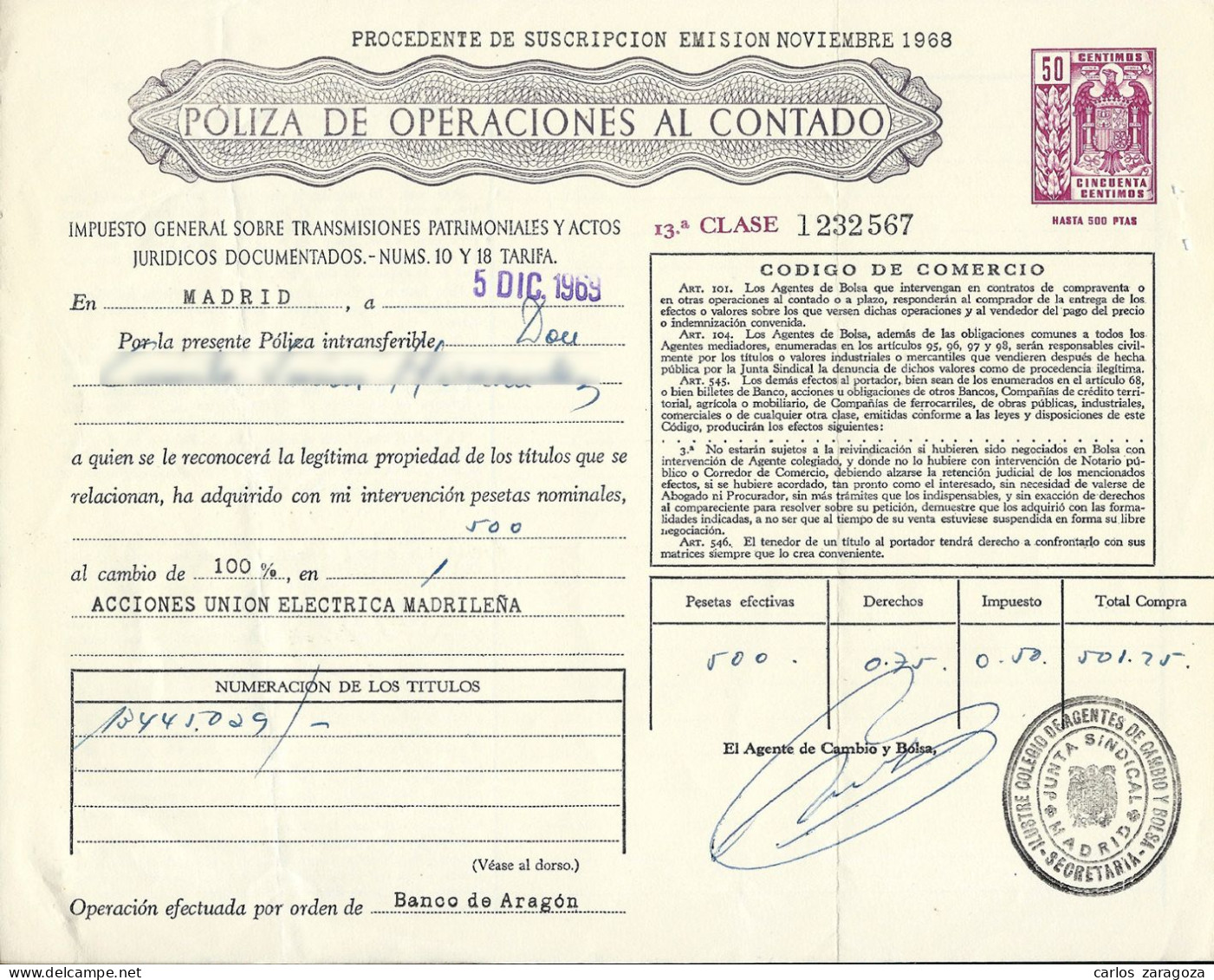 1968 Póliza De OPERACIONES AL CONTADO—Timbre 13a Clase 50 Cts—Timbrología—Entero Fiscal - Fiscale Zegels